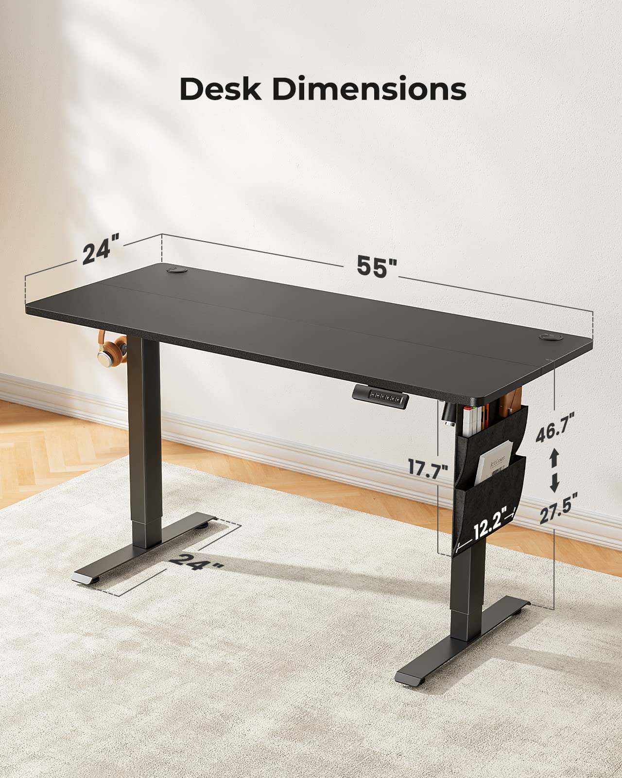Marsail Standing Desk,Home Office Adjustable Heights Desk,Stand Up Desk,63x24 Inches Desktop Sit Stand Gaming Computer Desk for Study,Writing with 4 Memory Presets,Headphone Hook,Cable Organizer