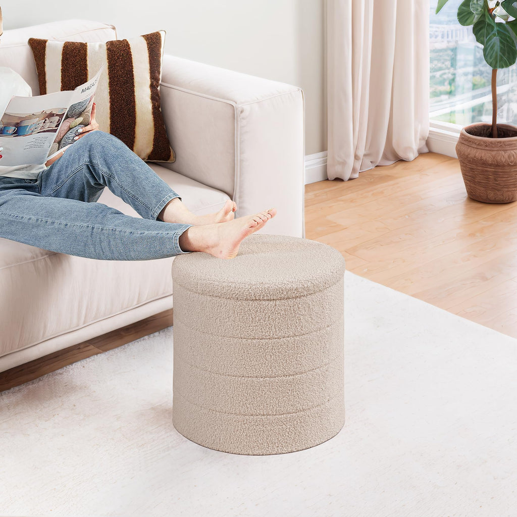PINPLUS Round Storage Ottoman Foot Rest Stool with Tray Velvet Sherpa Folding Storage Ottoman,Boucle Foot Rest for Living Room, Bedroom, Dorm（Beige）