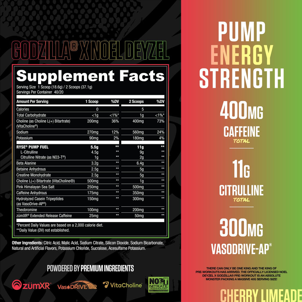RYSE Godzilla X Noel Deyzel Pre Workout Powder - BlackBerry Lemonade - 400mg Caffeine, High Stim Pre-Workout for Men & Women with Citrulline & Beta Alanine - Energy, Pump & Focus - 20/40 Servings
