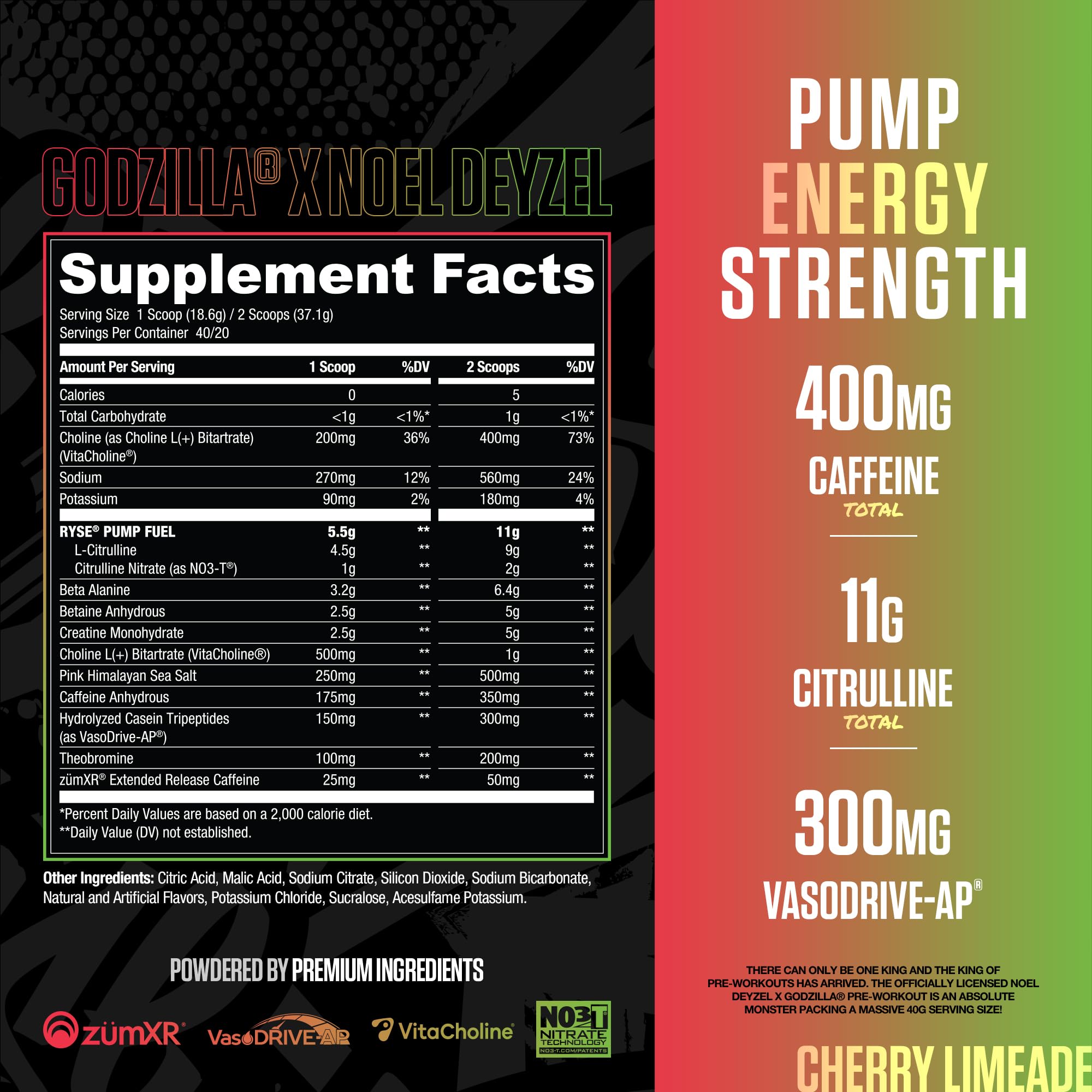 RYSE Godzilla X Noel Deyzel Pre Workout Powder - BlackBerry Lemonade - 400mg Caffeine, High Stim Pre-Workout for Men & Women with Citrulline & Beta Alanine - Energy, Pump & Focus - 20/40 Servings