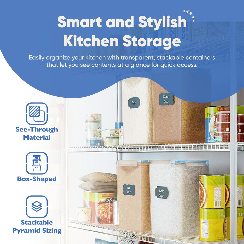 Chef's Path Kitchen Storage Box Set of 4 Extra Large Airtight Food Storage Jars for Sugar Flour Cereal Rice - Measuring Spoons, Pen and Food Preservation Labels (5.2 L)