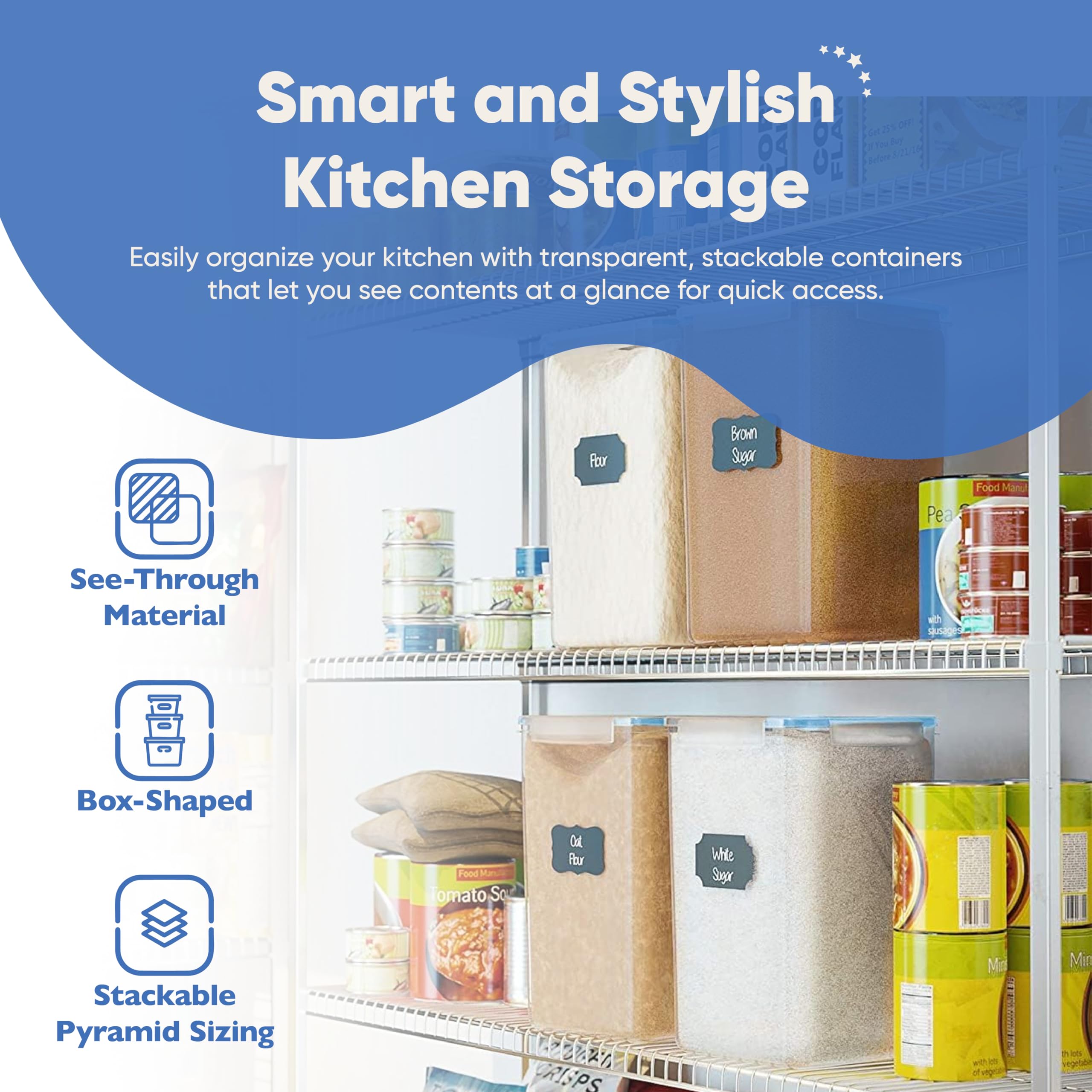 Chef's Path Kitchen Storage Box Set of 4 Extra Large Airtight Food Storage Jars for Sugar Flour Cereal Rice - Measuring Spoons, Pen and Food Preservation Labels (5.2 L)