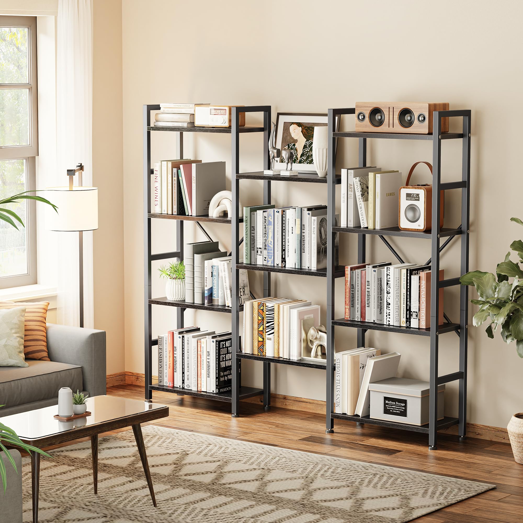 SUPERJARE Triple Bookshelf, Bookcase with 11 Open Display Shelves, Wide Book Shelf Book Case for Home & Office, 4 Tier, Black