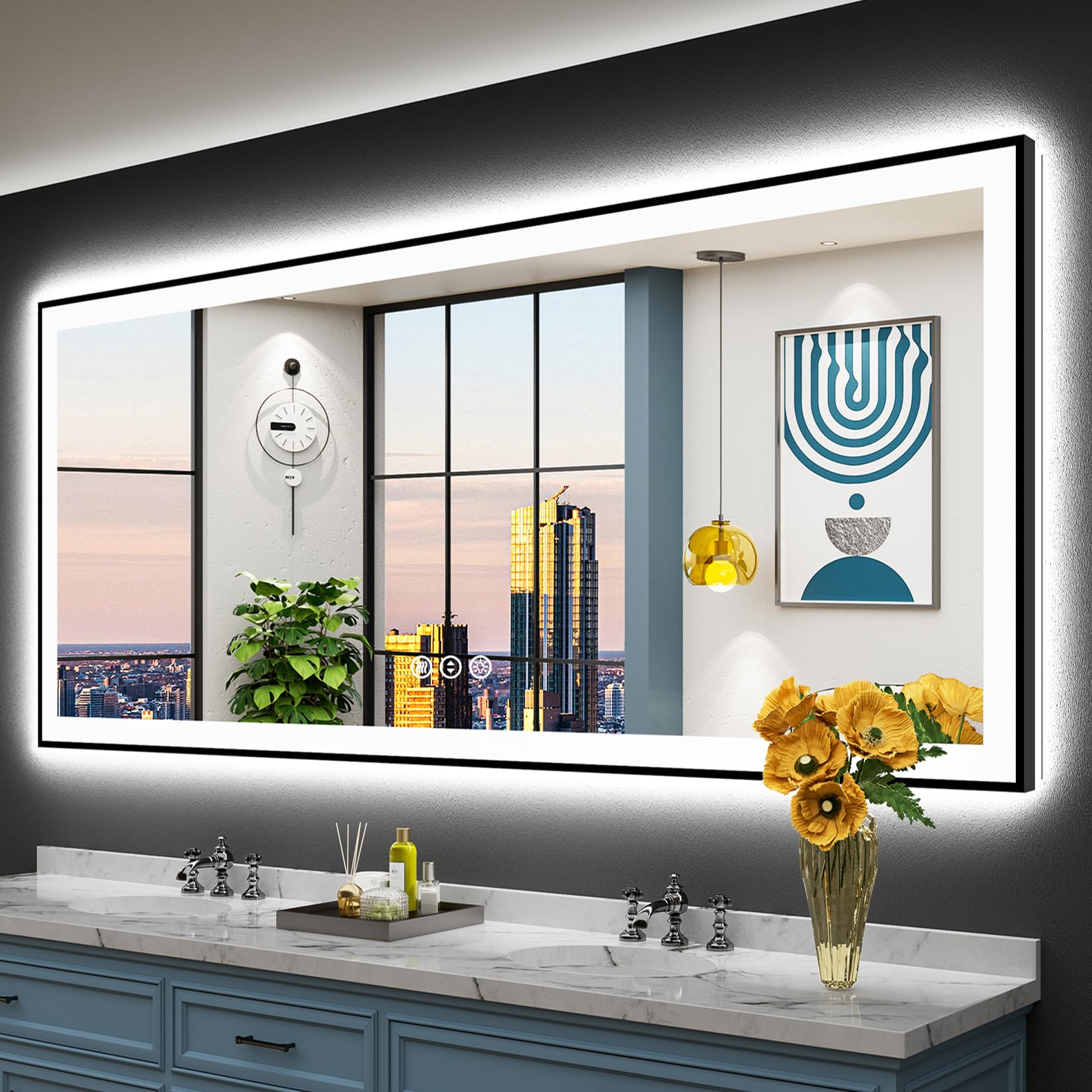 24x32 Black Framed LED Bathroom Mirror with Lights, Backlit and Front Lit Anti-Fog Lighted Vanity Mirrors for Bathroom Wall, Dimmable, 3 Colors, Memory, HD Tempered Glass, Horizontal/Vertical