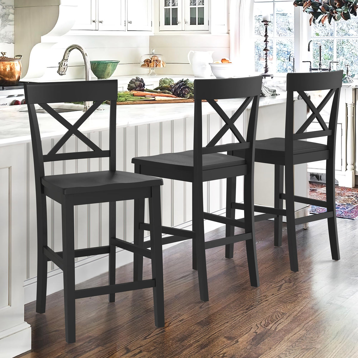 Cozyman Bar Stools Set of 2, 24" H Wooden Counter Stools with Back and Footrest, X-Back Farmhouse Barstools for Kitchen Island, Home Bar, Black