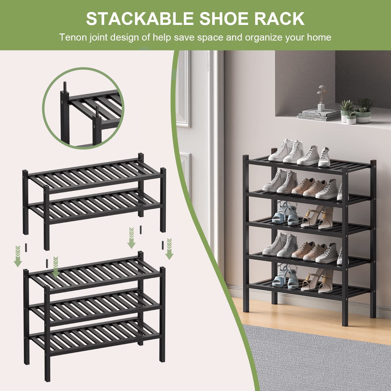 ROMGUAR CRAFT 2-Tier Bamboo Long Shoe Rack, Free Standing Wood Shoe Shelf Storage Organizer for Closet Entryway Stackable 35"x11"x13" (Black)