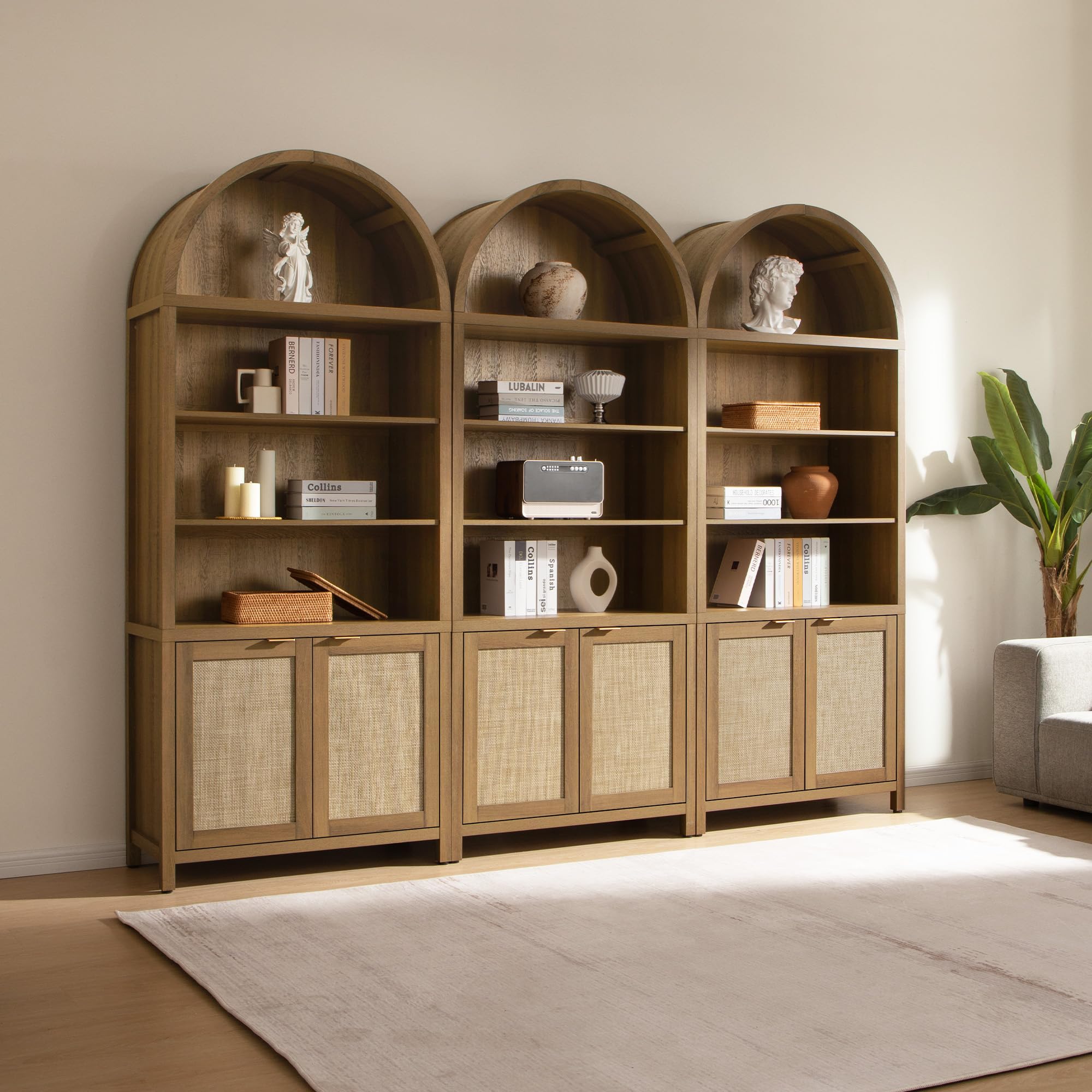 SICOTAS Book Shelf Arched Cabinet Bookshelf Arch 84.2" Tall Bookcase 5 Tier Large Bookshelves with Doors Storage Rattan Boho Wide Book Shelves Case for Living Room Kitchen Office Bedroom Library