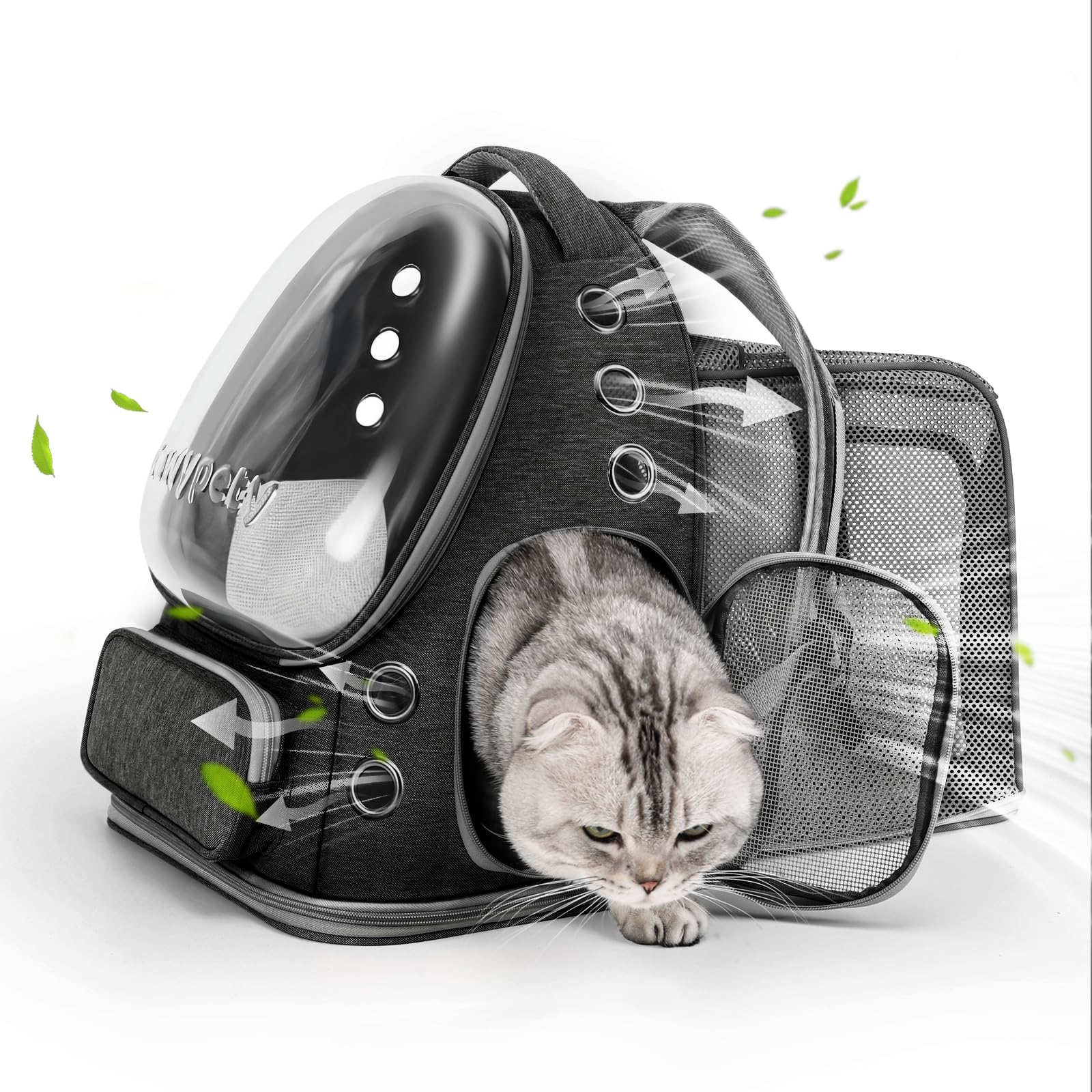 Cawypety Cat Backpack Carrier, Breathable Cat Carrier Large Space Bubble Pet Backpack for Kitty Small Dog up to 12lbs, Transparent & Foldable Pet Carrier for Travel Hiking (Black