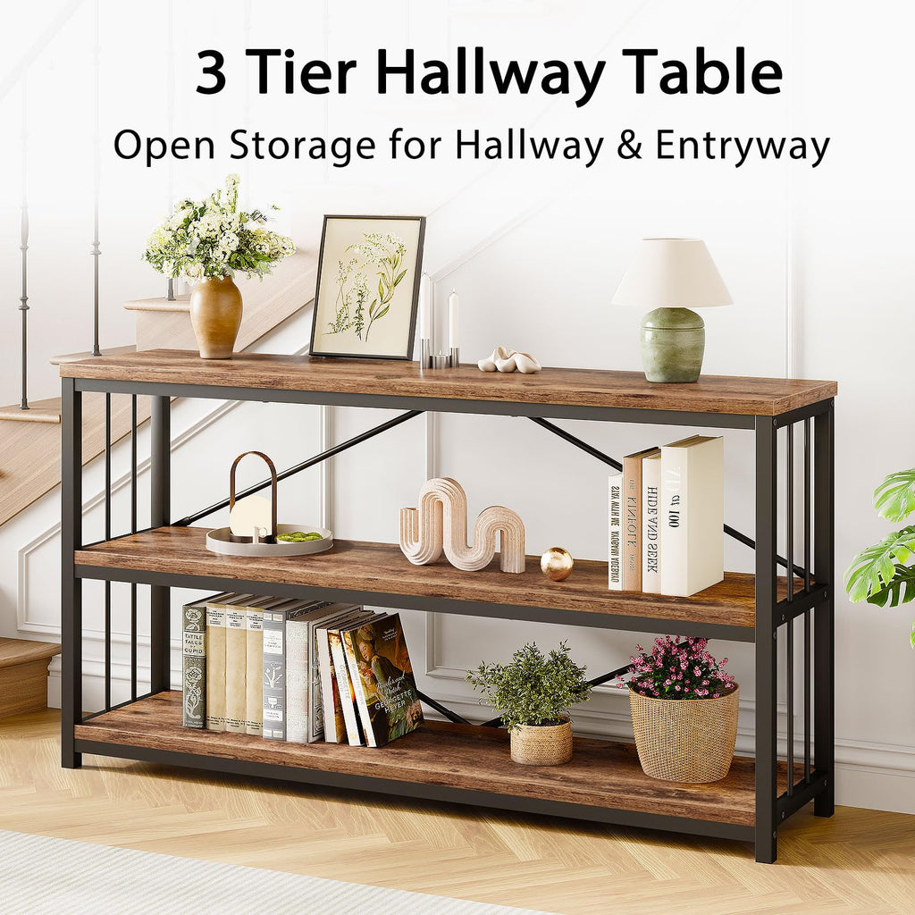 LVB Black Console Table, Modern Entryway Table for Hallway Living Room, Industrial Sofa Table Behind Couch, Farmhouse Wooden Metal Entry Table for Foyer with 3-Tier Storage Shelves, Black Oak, 55 Inch