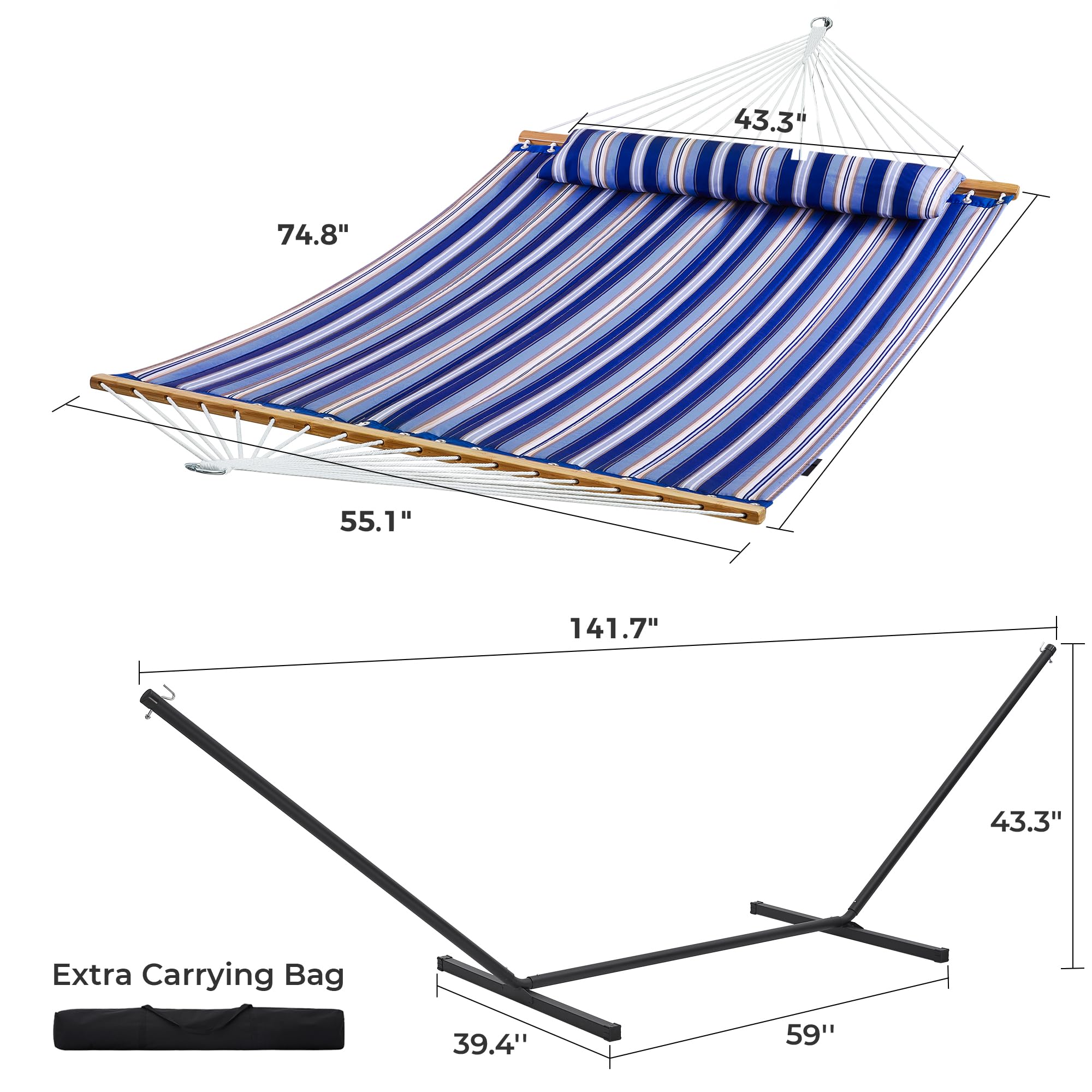 SUPERJARE Hammock with Stand, 2 Person Quilted Outdoor Hammock, Detachable Pillow & Bamboo Spreaders, Portable Hammock with Carrying Bag, Heavy Duty Stand, Perfect for Outside, Patio, Aqua Blue