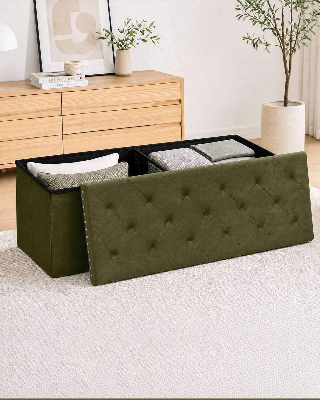 B FSOBEIIALEO Storage-Ottoman Cube-Folding Tufted - Ottomans with Storage, Coffee Table Top Cover, Storage Boxes Footrest Stool for Bedroom, Luxury Velvet Fabric 15.7 Inches Black