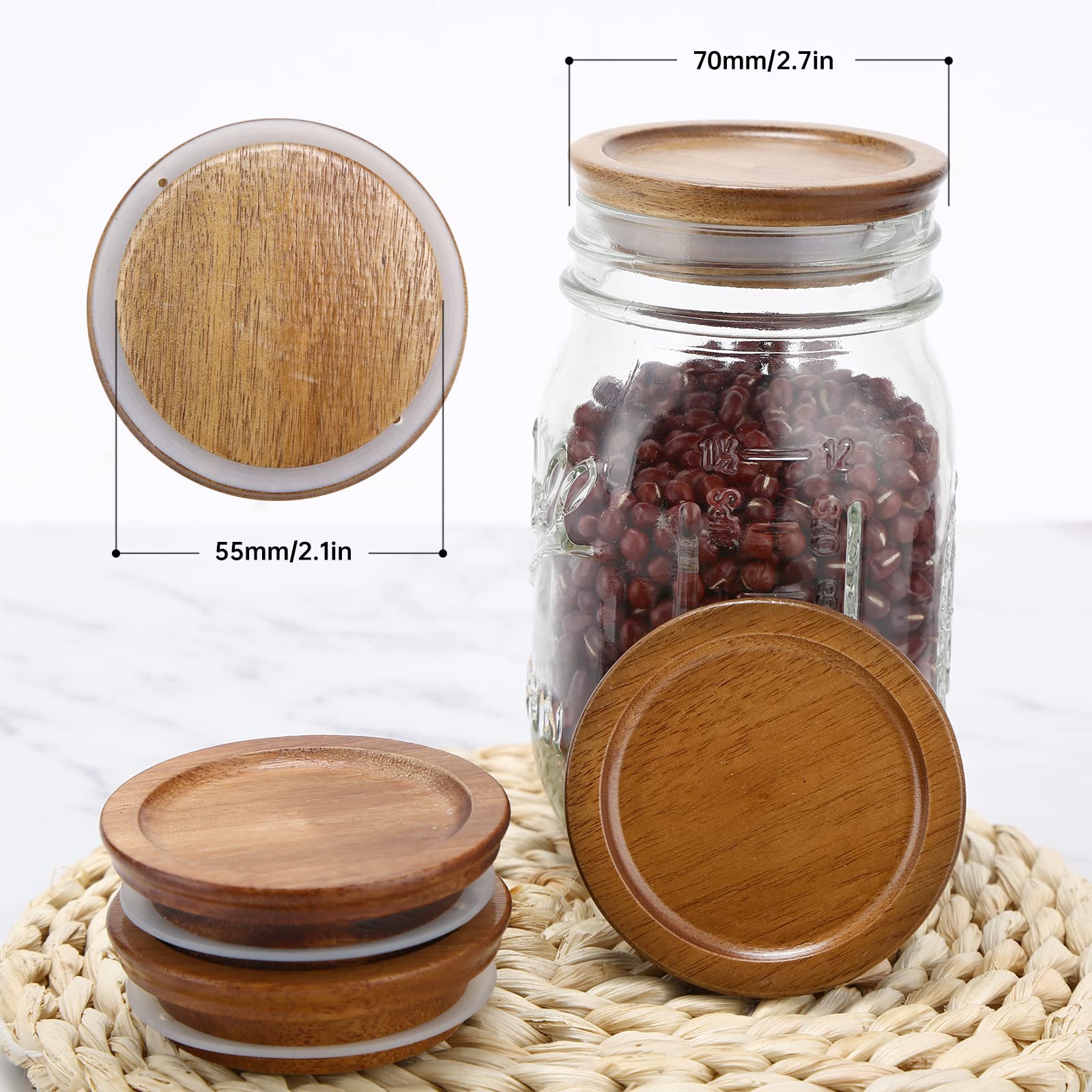 6 Pack Wide Mouth Mason Jar Lids Reusable canning lids Acacia Wooden mason jar Lids with Airtight Silicone Seal, Brown (6PCS Wide Lids)