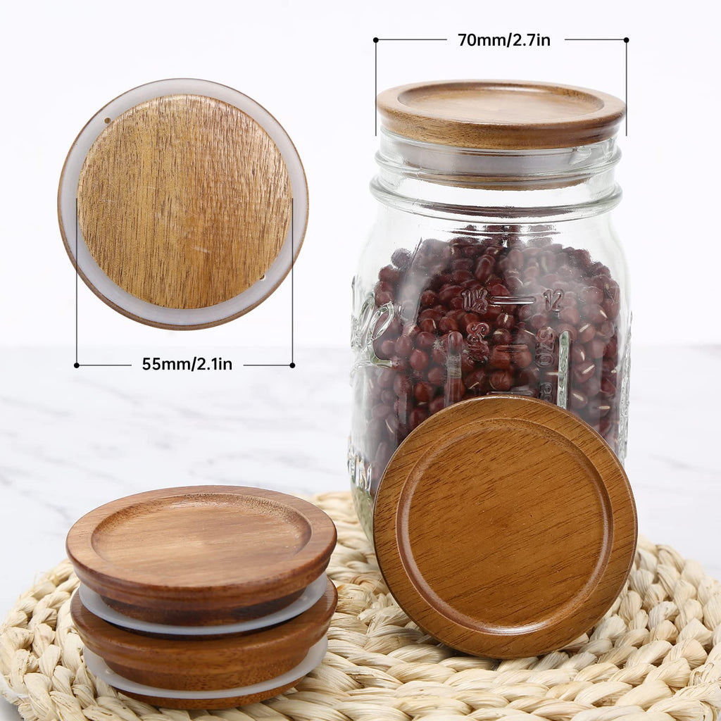 6 Pack Wide Mouth Mason Jar Lids Reusable canning lids Acacia Wooden mason jar Lids with Airtight Silicone Seal, Brown (6PCS Wide Lids)