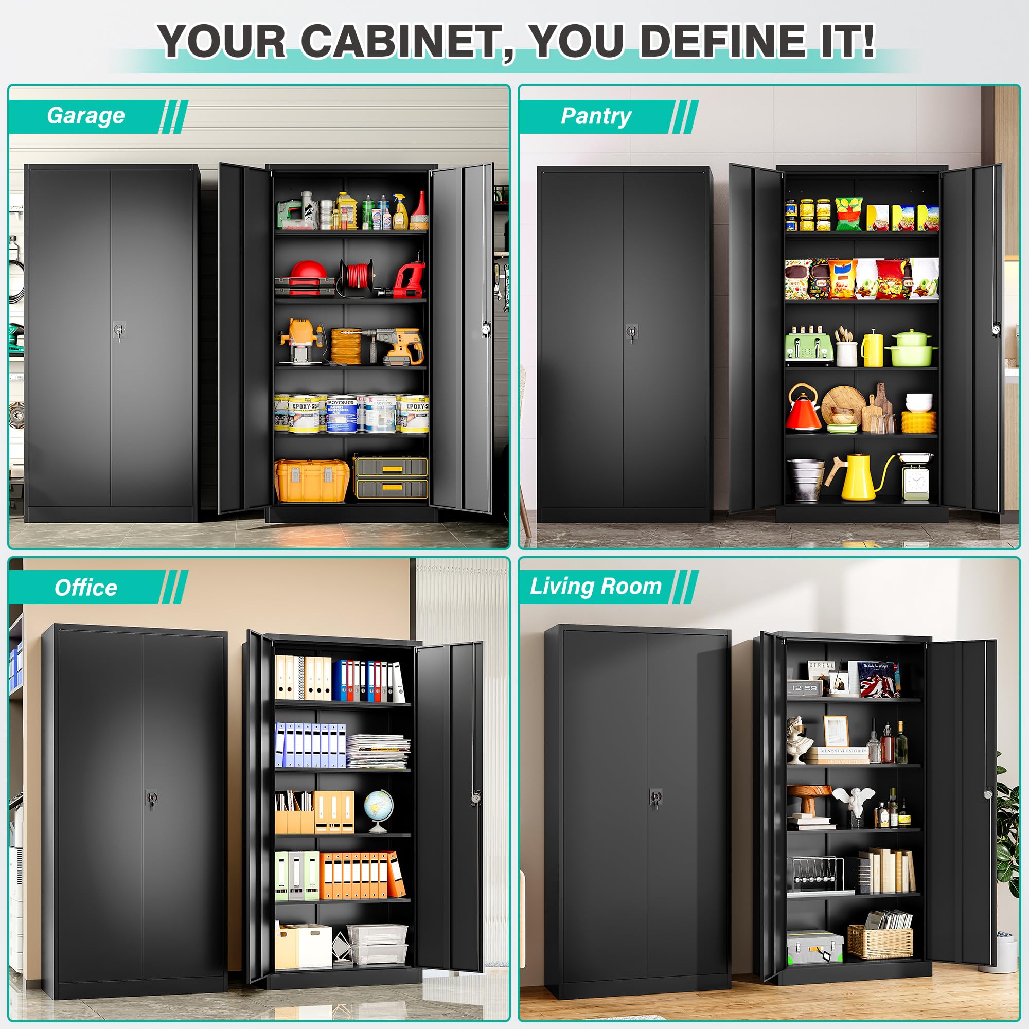 SISESOL Wide & Deep Metal Storage Cabinet with Wheels,Tall Rolling Garage Storage Cabinet with Lock,Black Metal Cabinets with Pegboards and Shelves,Tool Locker for Garage,Home,Office,43''Wx 20''Dx71"H