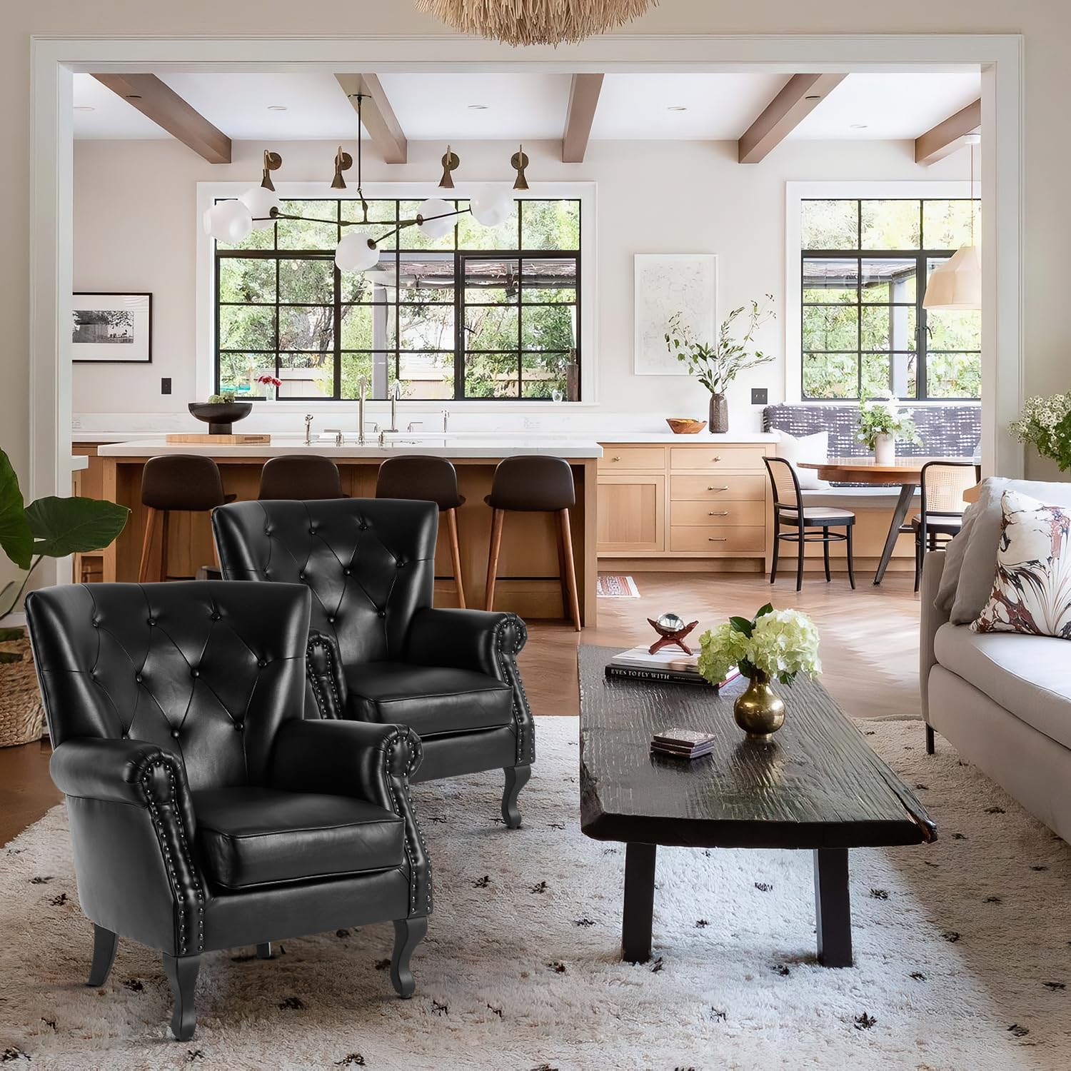 MOJAY PU Leather Accent Chair, Mid-Century Modern Armchair Living Room Club Chair with Tufted Button & Rivet Trim, Upholstered Sofa Chair with Sturdy Wood Legs for Bedroom (Black)