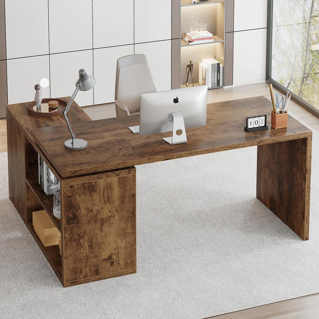 HSH Black L Shaped Computer Desk, Corner Desk with Storage Cabinet Shelves, Reversible Industrial Wood Executive Workstation, L-Shaped Home Office Table for Work Study Writing Gaming, 55 Inch