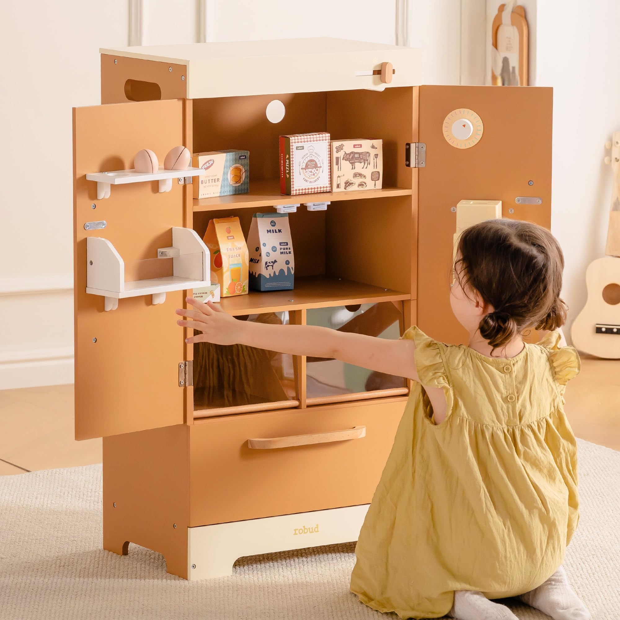 ROBUD Wooden Play Kitchen Fridge, Toy Kitchen Refrigerator, Kids Fridge Freezer Set with Ice Maker, Kitchen Playset Gift for Kids & Toddlers, Age 3+ (Caramel)