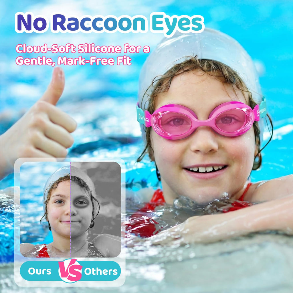 Vvinca Kids Swim Goggles with Fabric Strap No Tangle Pain-Free, Anti-Fog Swimming Pool Goggle No Leak for Toddlers Girls Boys