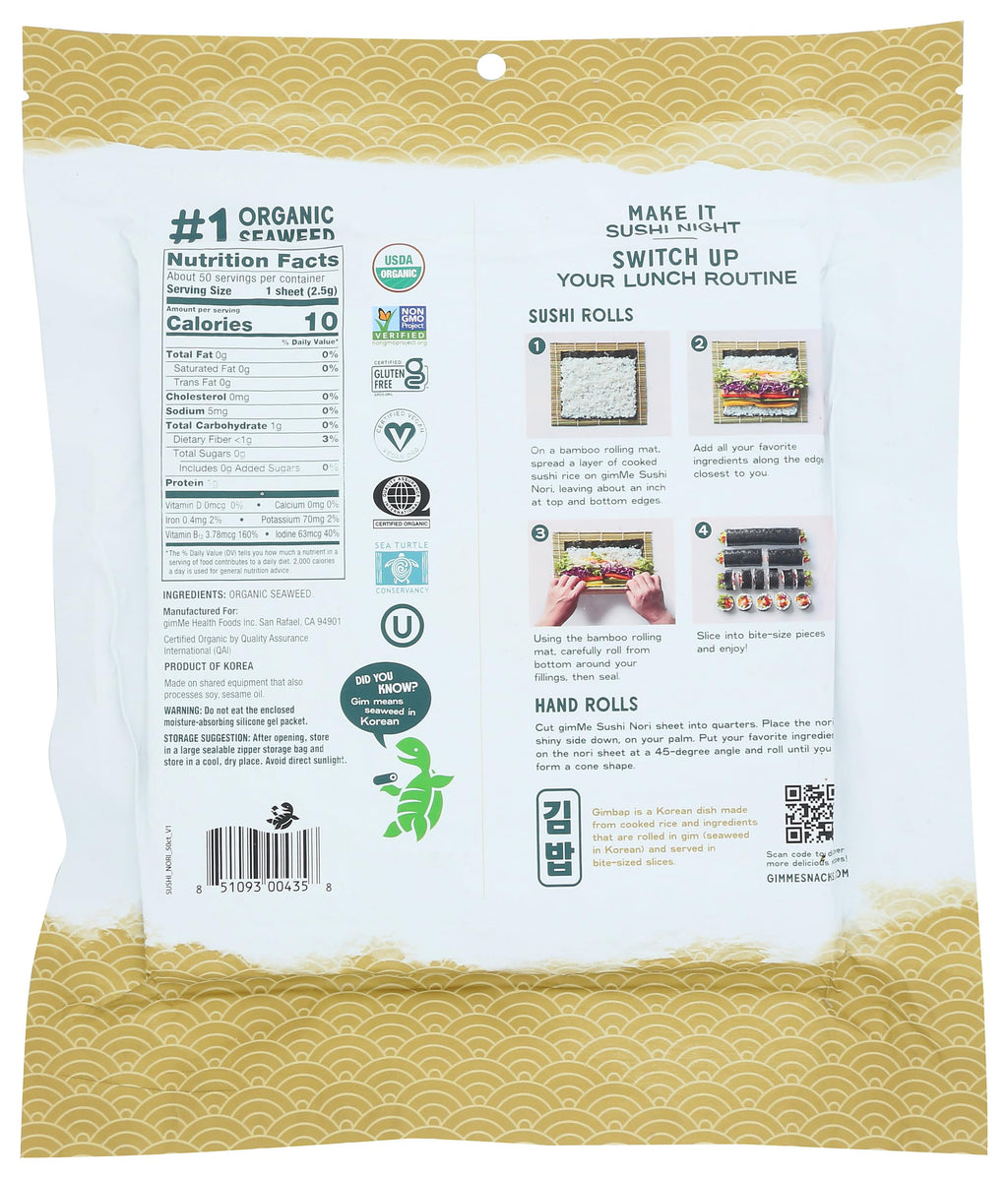 Gimme Seaweed Sushi Nori Premium Organic Roasted Seaweed Sheets, Keto, Vegan, Gluten-Free, Restaurant-style Sushi Nori Sheets 0.81 Ounce (Pack of 1)