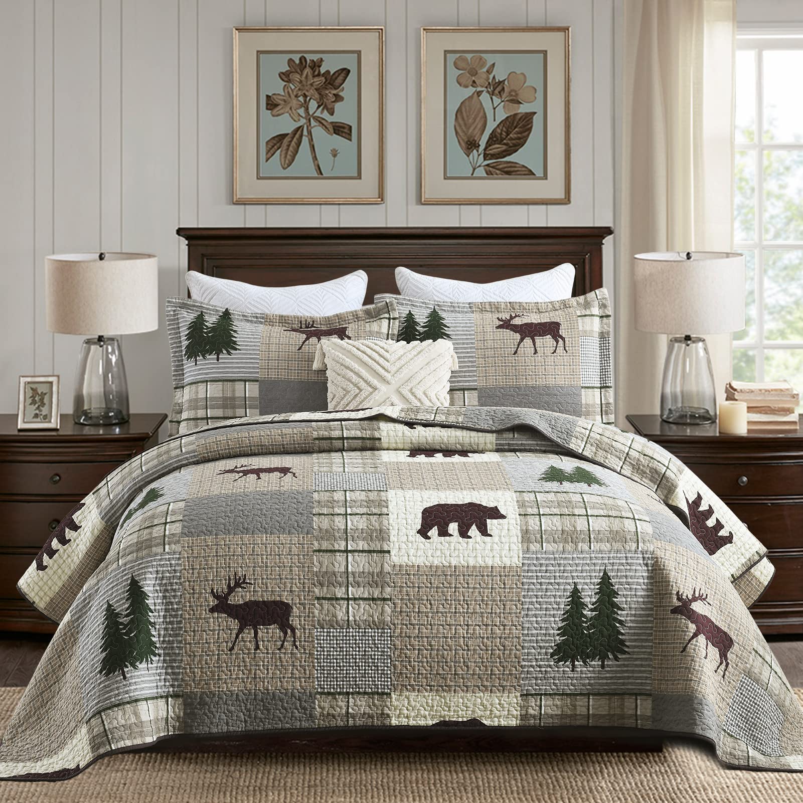 Y-PLWOMEN 100% Cotton Farmhouse Plaid Lightweight 3-Pieces Quilt Set (Blue Brown, Queen90 * 98 Inch)