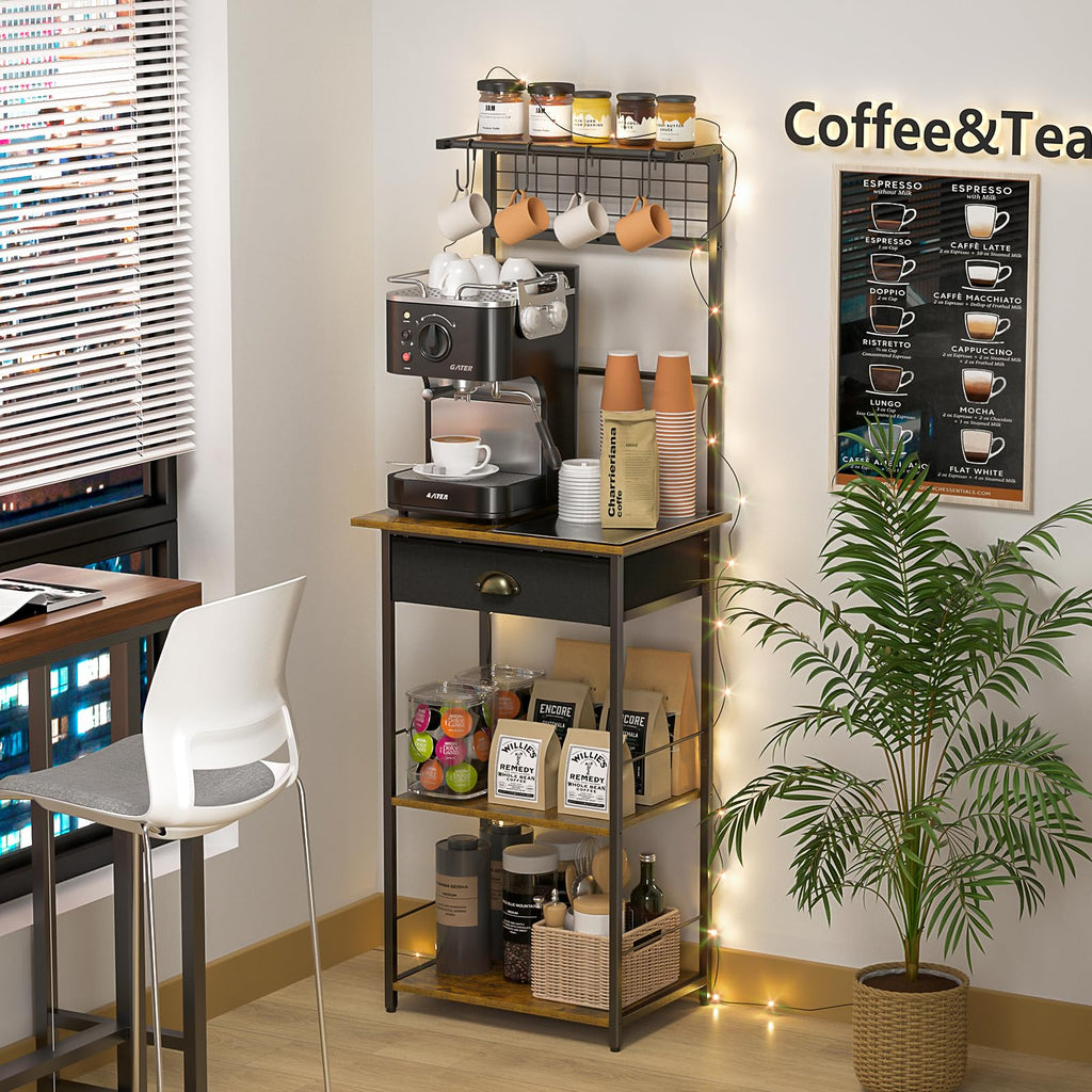 5 Tier Coffee Bar Station, Kitchen Stand with 4 S-Shaped Hooks, Farmhouse Corner Coffee Bar Cabinet for Small Spaces, Bakers Rack for Kitchen, Entryway, Living Room, 13.43"D x 18.93"W x 53.31"H