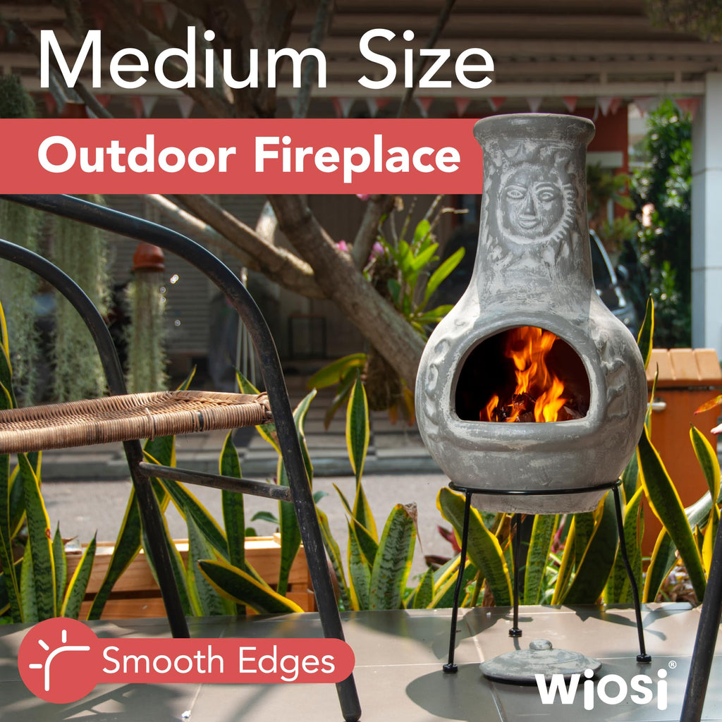 Wiosi Medium 𝗖𝗵𝗶𝗺𝗶𝗻𝗲𝗮 Outdoor Fireplace for Patio Clay Chimineas with Chimney Rain Lids and Solid Metal Stands - Yellow Terracotta Chimenea - Rustic Wooden Fire Pit Chimnea 16 x 16 x 32-inch