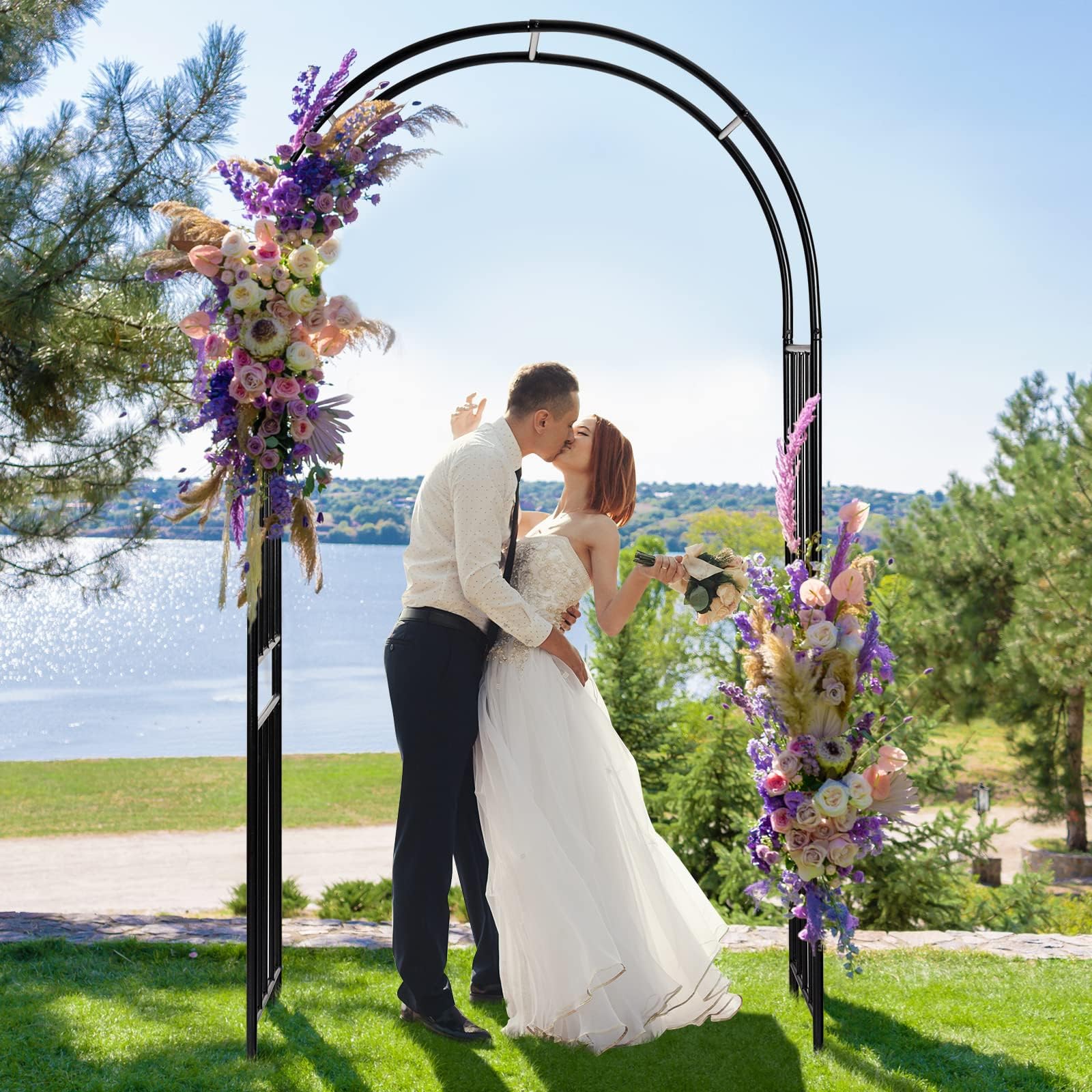 LDAILY Moccha Garden Arch Arbor Trellis, 7.2Ft Outdoor Steel Arbor with Stakes, Metal Archway for Climbing Plants, Wide Sturdy Garden Arch for Lawn, Party, Ceremony Wedding Decoration, Black (1 Piece)