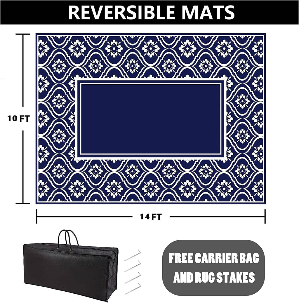 HUGEAR Outdoor Patio Rug 3'x5' Waterproof Outside Area Rugs Blue Reversible Plastic Straw Carpet for RV Deck Camping Entryance Porch Picnic Balcony Beach