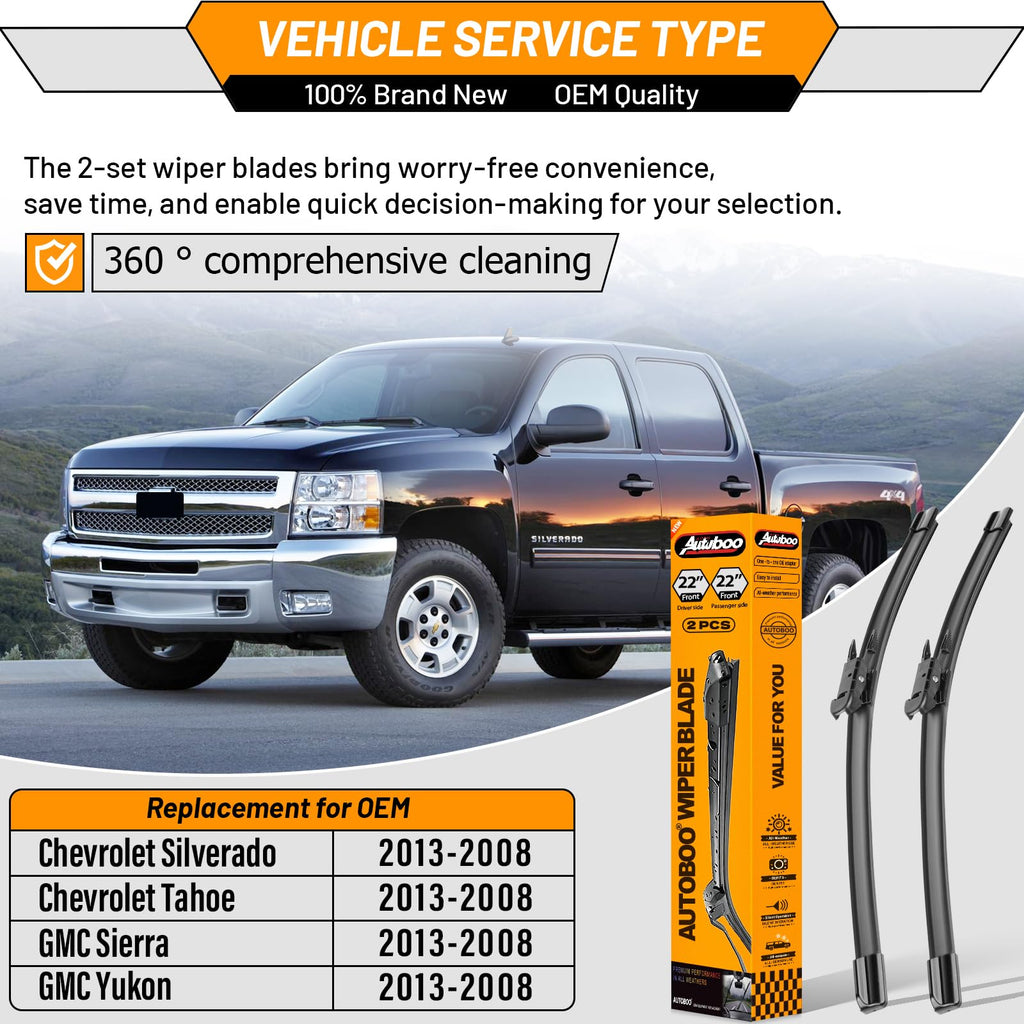 OEM Windshield Wiper Blades Replacement for Chevy Silverado Avalanche Tahoe Suburban 2007–2013, GMC Sierra Yukon 2008–2013, Cadillac Escalade ESV EXT 22" + 22", OE Style Beam Wipers Set of 2