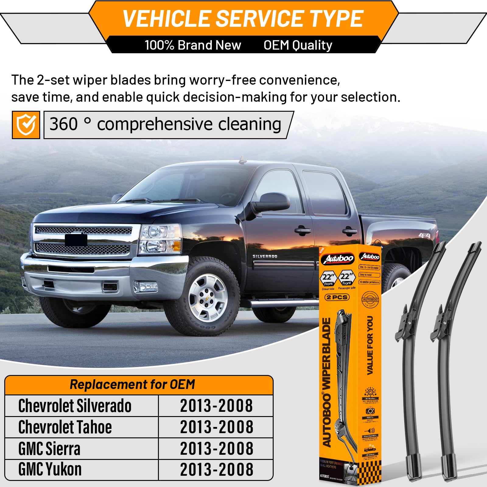 OEM Windshield Wiper Blades Replacement for Chevy Silverado Avalanche Tahoe Suburban 2007–2013, GMC Sierra Yukon 2008–2013, Cadillac Escalade ESV EXT 22" + 22", OE Style Beam Wipers Set of 2