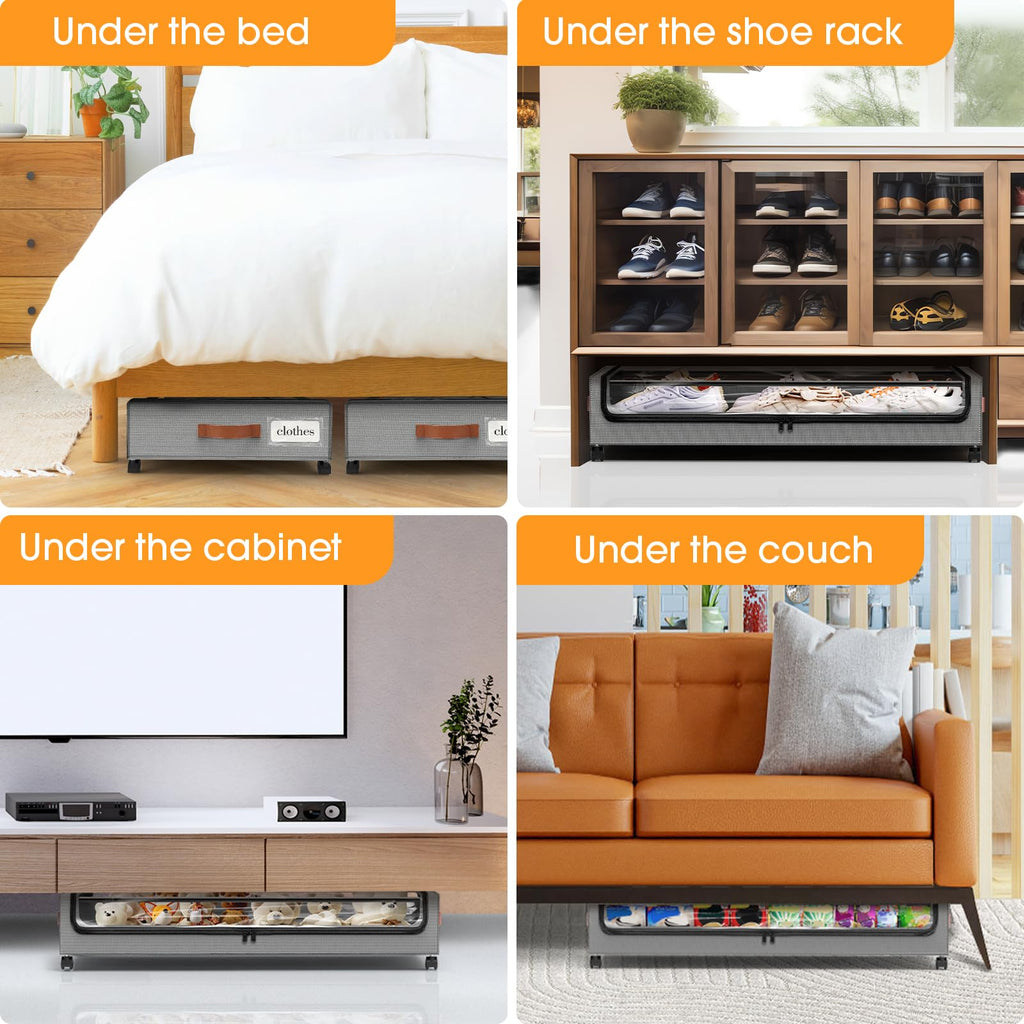 SpaceHacks Under Bed Storage with Wheels 1Pack Underbed Storage with Clear Window&Label Under Bed Drawers Large Capacity Rolling Under Bed Storage for Clothes,Shoes, Blankets (Beige)