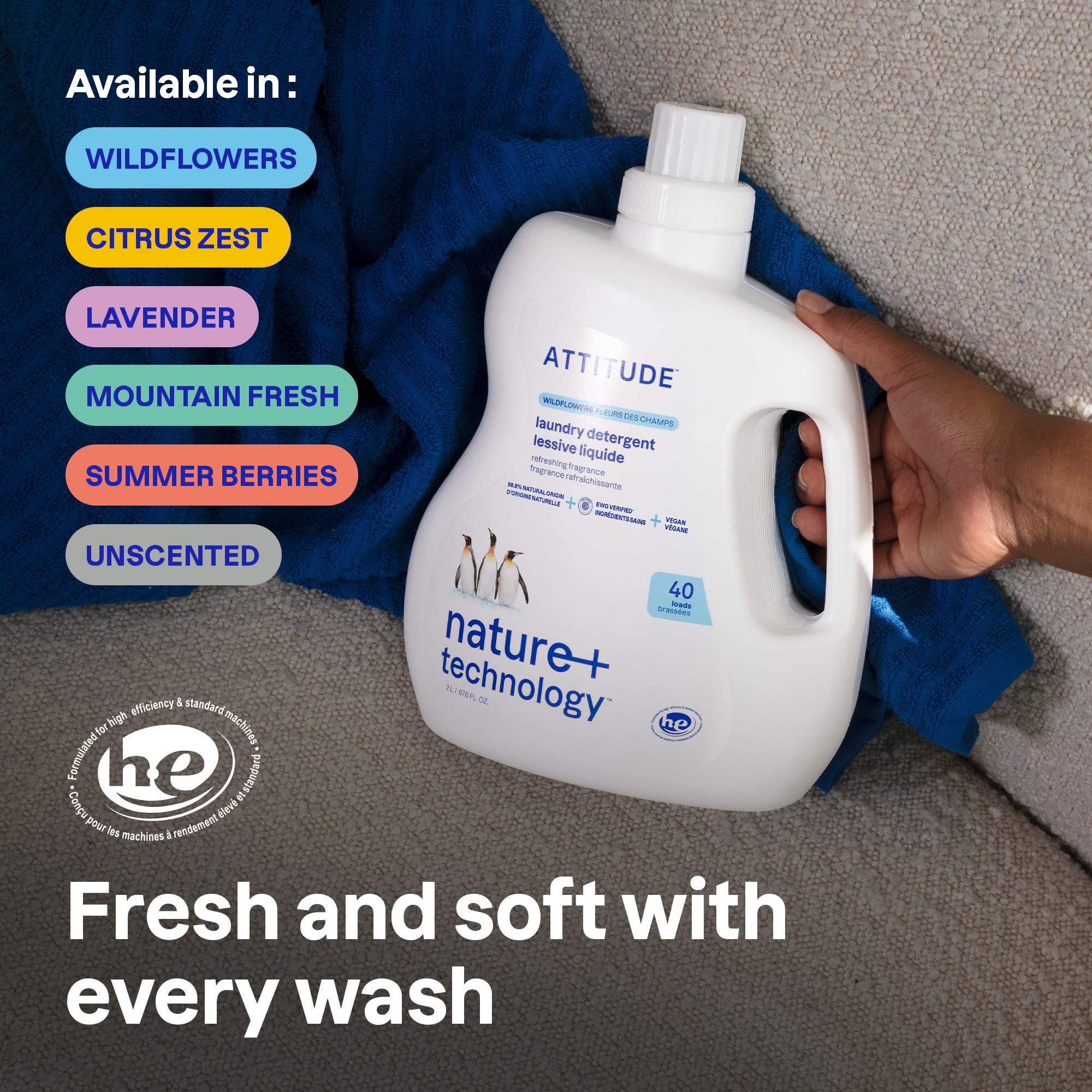 ATTITUDE Liquid Laundry Detergent, EWG Verified, HE Compatible, Plant-Based & Vegan, Natural Laundry Soap, Citrus Zest Scent, 40 Loads, 67.6 Fl Oz