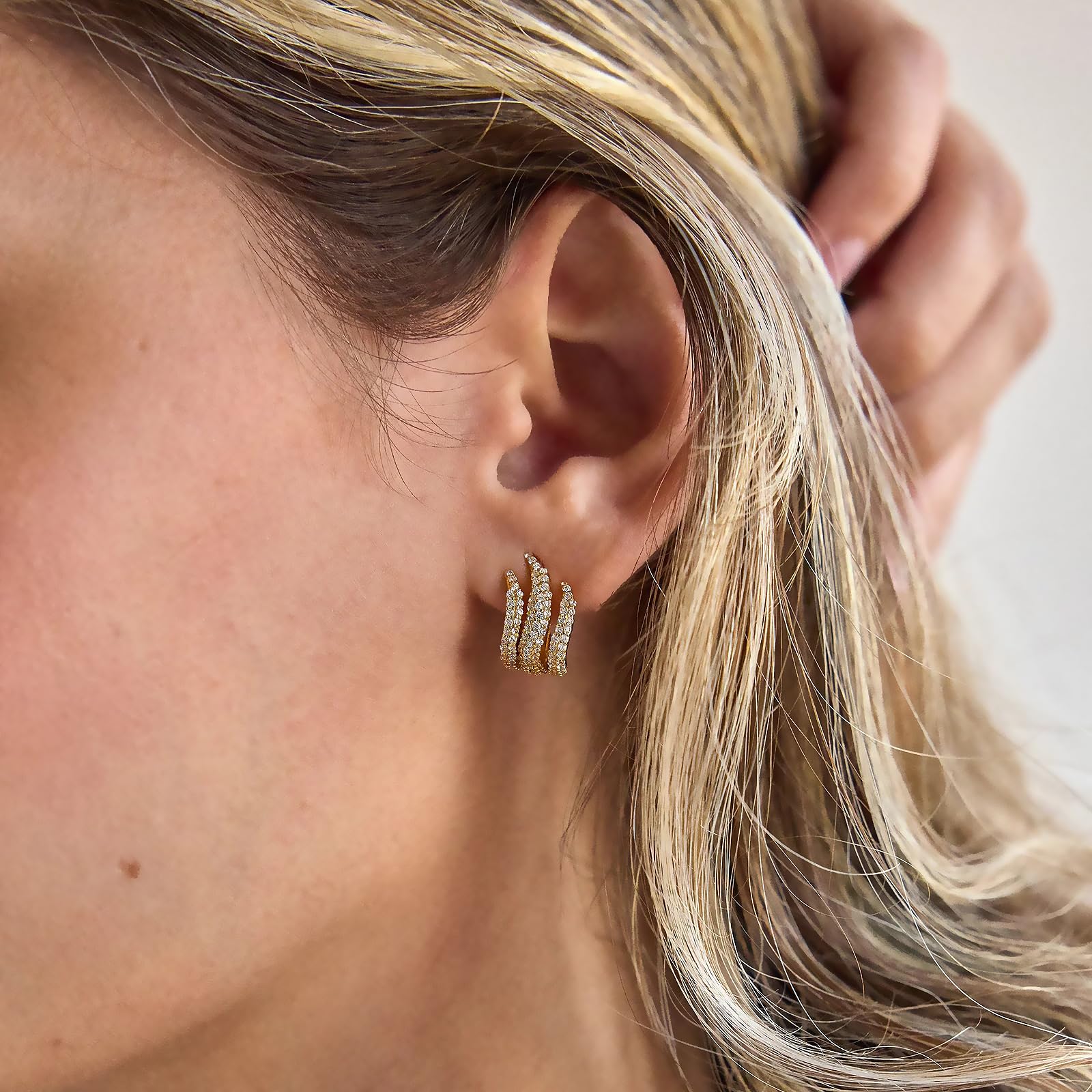 Obidos 14K Gold Plated Illusion Stud Earrings for Women | Triple Huggie Hoop Earrings for One Hole| Trendy Simple Hypoallergenic Fashion Accessories Gold Jewelry Gifts for Womens
