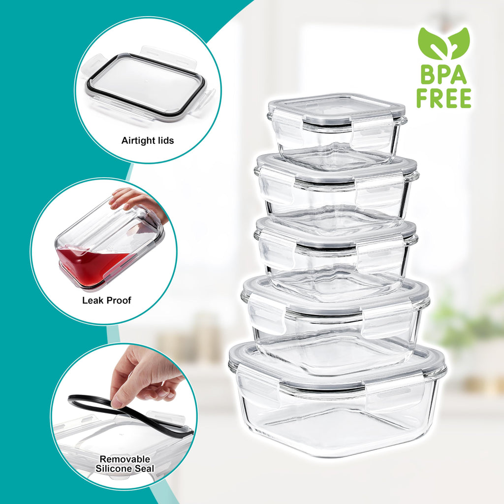Sorbus 20pc Glass Meal Prep Containers Set – 10 Glass Food Storage Containers (21.3oz, 2.6 Cups) with Airtight Lids – Freezer, Dishwasher, and Oven Safe – Reusable Containers for Meal Prep and Storage