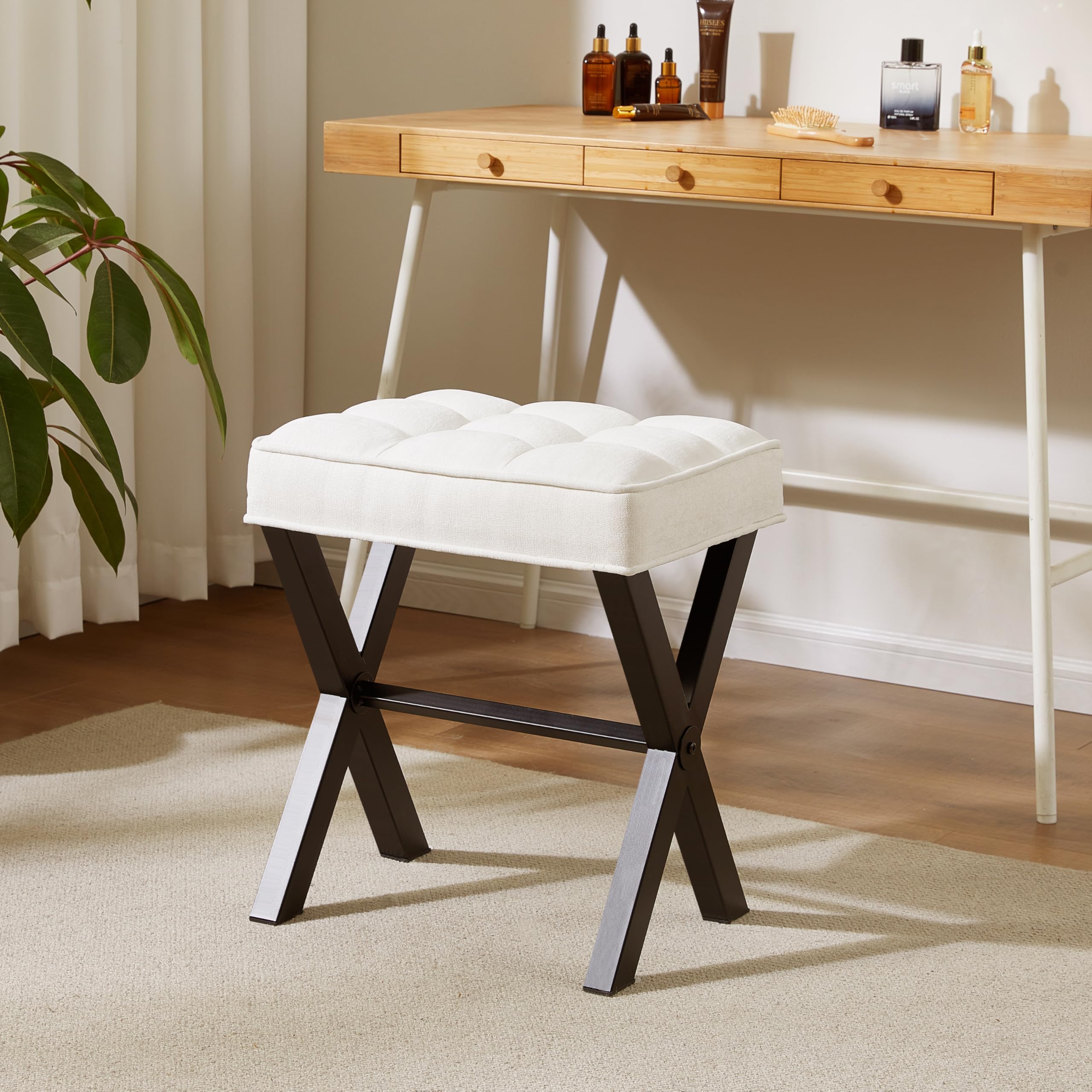 Royal Windsor Vanity Stool with Saddle Cushion, 18 Inch Makeup Vanity Chair for Living Room, Modern Foot Stool Ottoman Piano Bench,Small Upholstered Bench for Bedroom, Beige