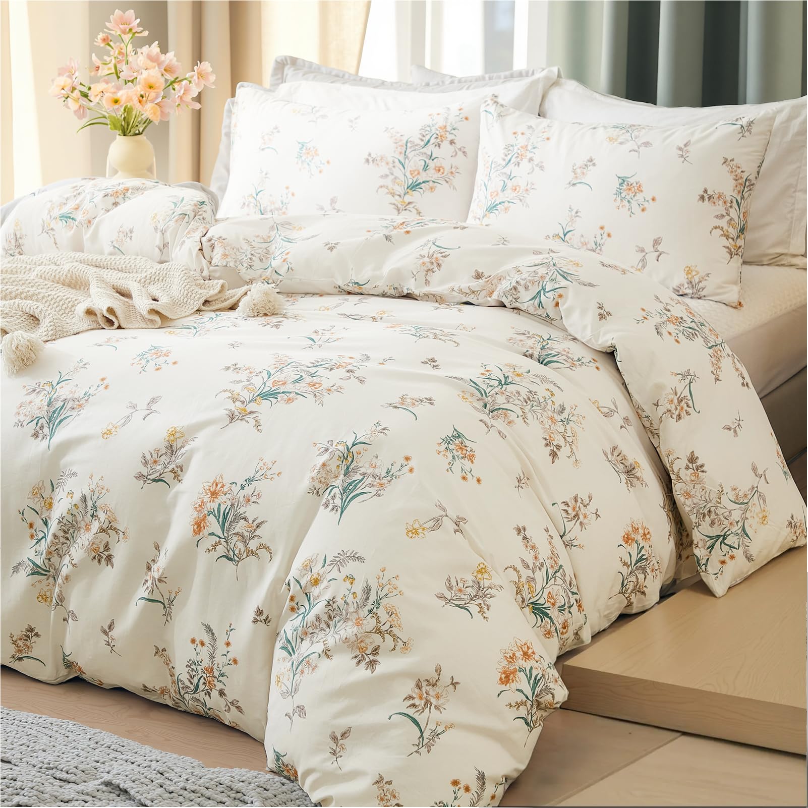 100% Natural Cotton Comforter Set Queen 3 Pcs Grayish Blue Bedding Sets with Luxurious Damask Pattern, Reversible Breathable Soft Comforter Sets for All Season