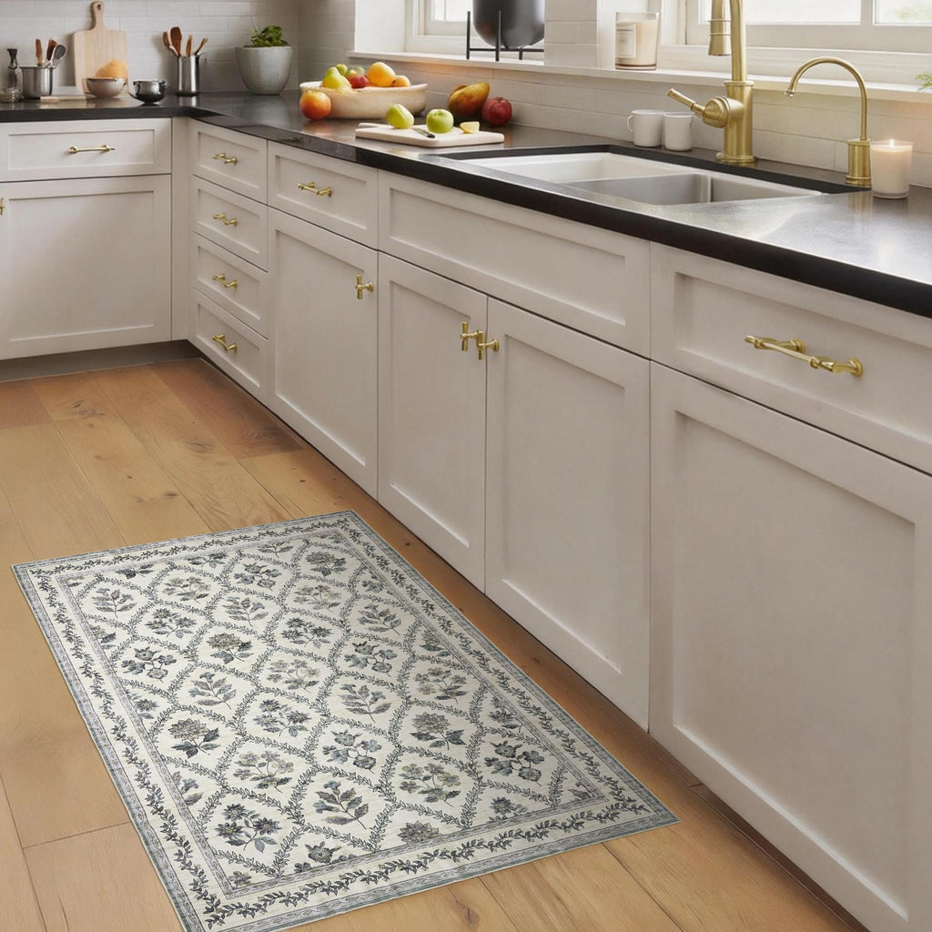 Black Floral Area Rug for Entryway 2x3 Washable Small Rug Low Pile Non Slip Distressed Entry Mat Soft Farmhouse Indoor Entrance Door Mat for Kitchen Bedroom Home Office Black Grey and White