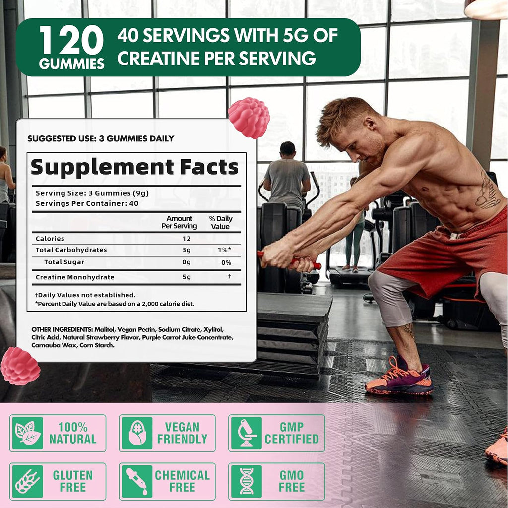 NSF Certified Creatine Gummy 5g - Creatine Monohydrate Gummies for Men & Women, Creatine Monohydrate for Muscle Strength, Muscle Builder, Energy Boost, Pre-Workout Supplement(120 Count)-Raspberry