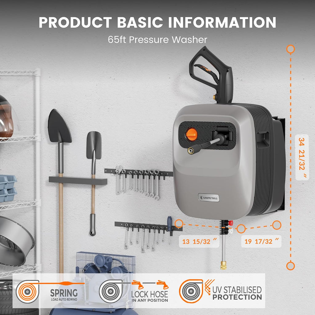 Giraffe Tools Grandfalls Retractable Pressure Washer G20, 2500 PSI 2.2 GPM, 180° Wall Mounted Power Washer, Auto-Retract with 65FT Hose Reel, 5 Nozzles for Floor/Cars/Fences/Patios, Light Silver