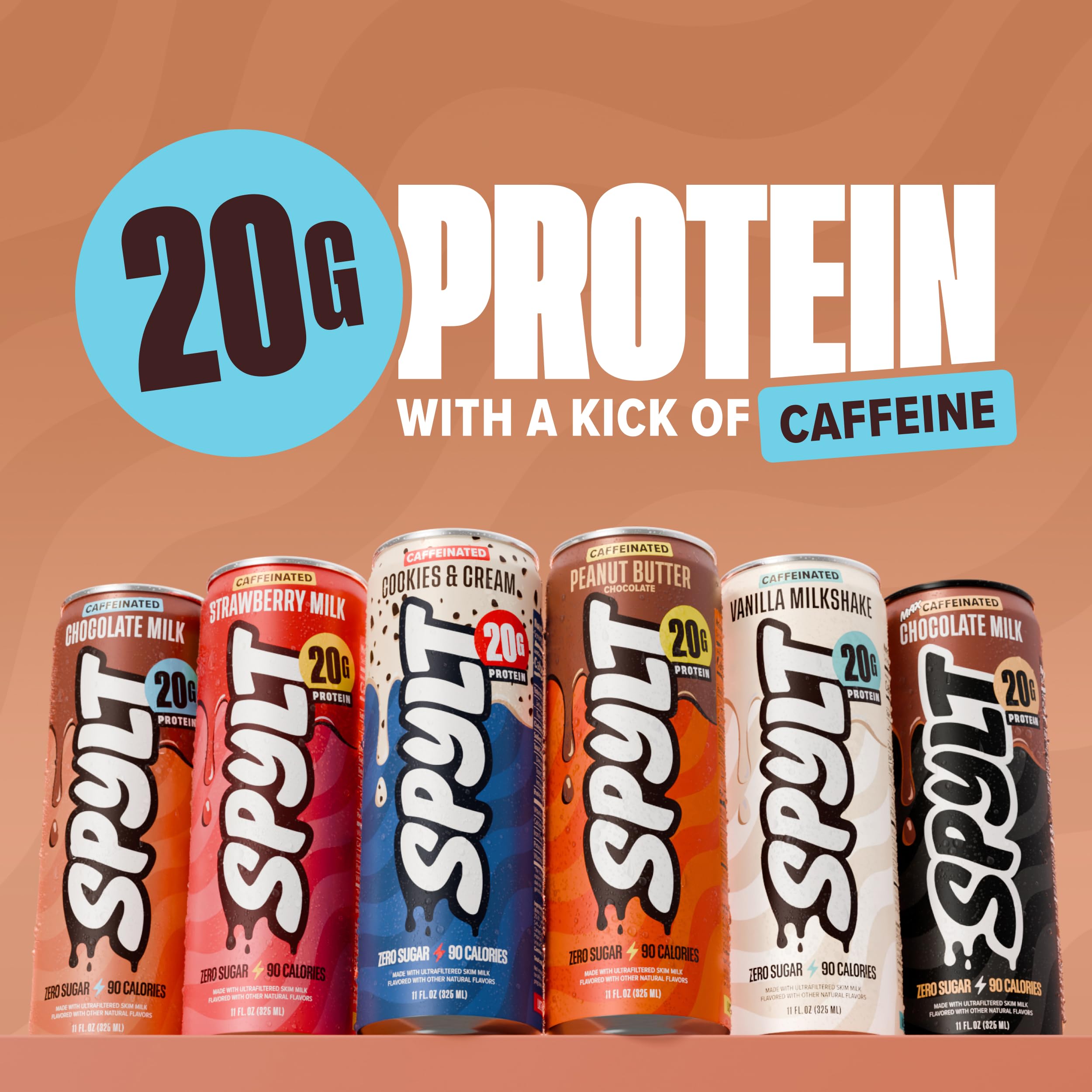 Spylt High Protein Milk - 6 Flavor Variety Pack with 60mg Caffeine & 20g Protein - 90 Calories, Ready to Drink, Sugar Free, Lactose Free Milk, Perfect for Workout Recovery & Afternoon Pick Me Up - 12 Count - Packaging May Vary