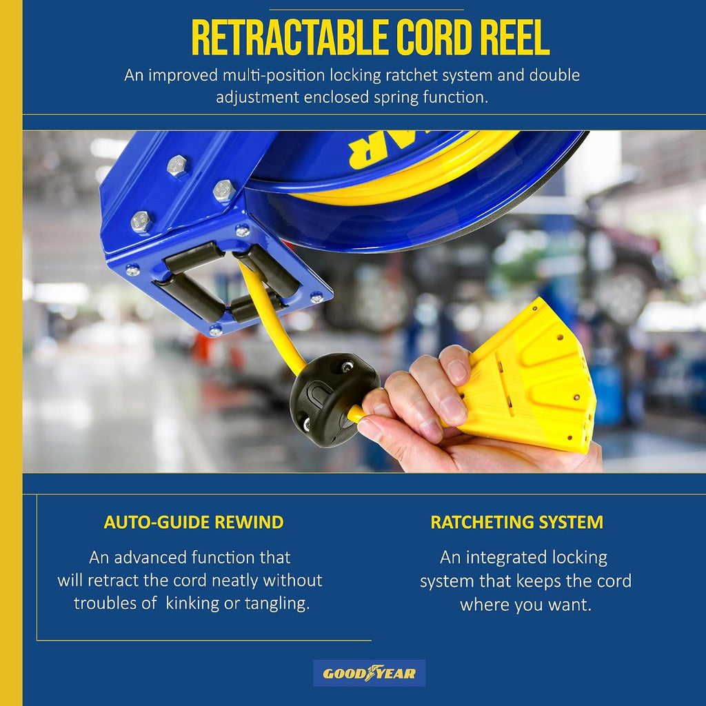 Goodyear Extension Cord Reel Retractable 12AWG x 50' Feet 3C SJTOW Cable Triple Tap Connector Power Rating 125 Volt AC 13 Amp 1625 Watt Industrial Steel Single Arm