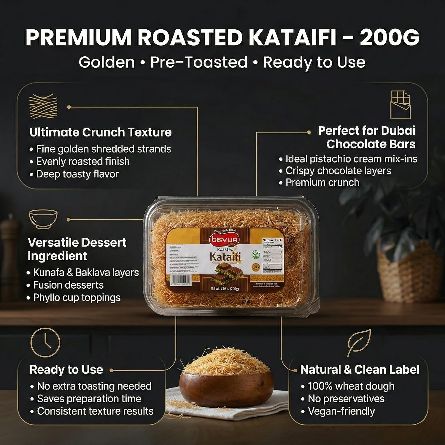 BISVUA Premium Dessert Topping Roasted Kataifi Pastry 200g (7.1 oz) – Golden Toasted Shredded Phyllo Dough for Dubai Chocolate Filling, Pistachio Cream Recipes, Kunafa Dough & Crunchy