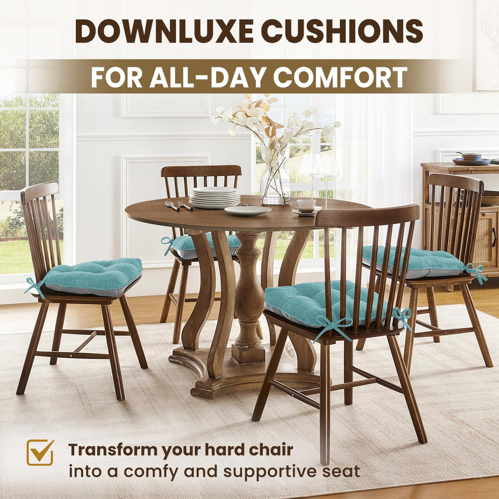downluxe Indoor Chair Cushions for Dining Chairs, Tufted Overstuffed Textured Kitchen Chair Pads with Ties and Non-Slip Backing, 15.5" x 15.5" x 4", Aqua Blue, 4 Pack
