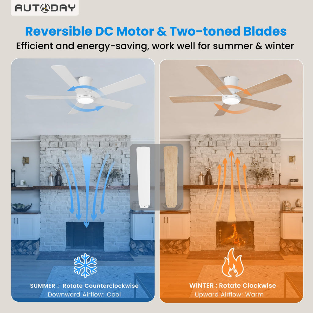 42 Inch Low Profile Ceiling Fan with Light, White Ceiling Fans with Lights and Remote, Flush Mount, 6 Speeds Reversible Quiet DC, 3CCT Dimmable, Indoor Outdoor Ceiling Fans for Patios Bedroom