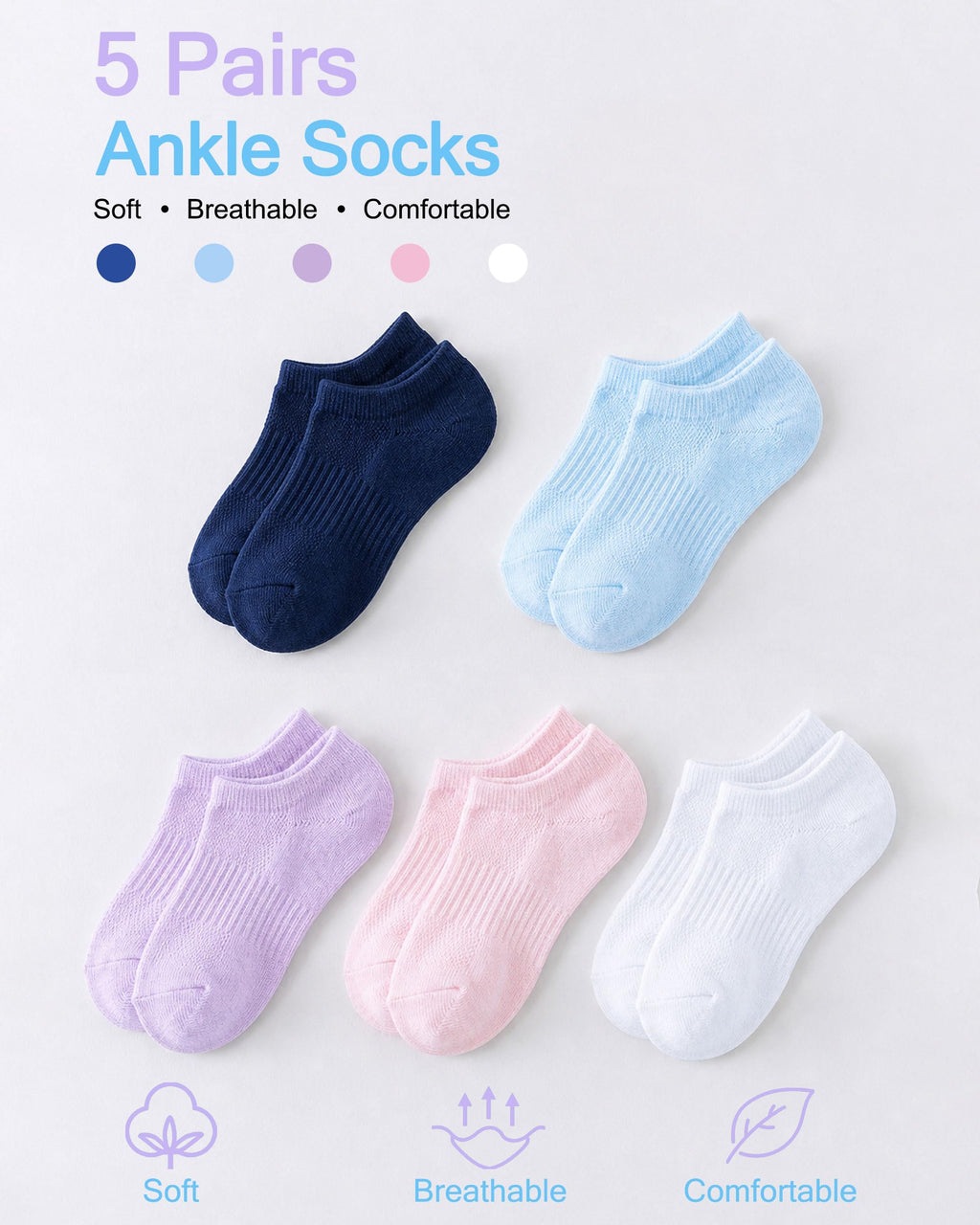 No Show Cotton Socks for Girls and Boys - Low Cut, Breathable, Non-Slip Short Socks for Kids - 5/10 Pairs