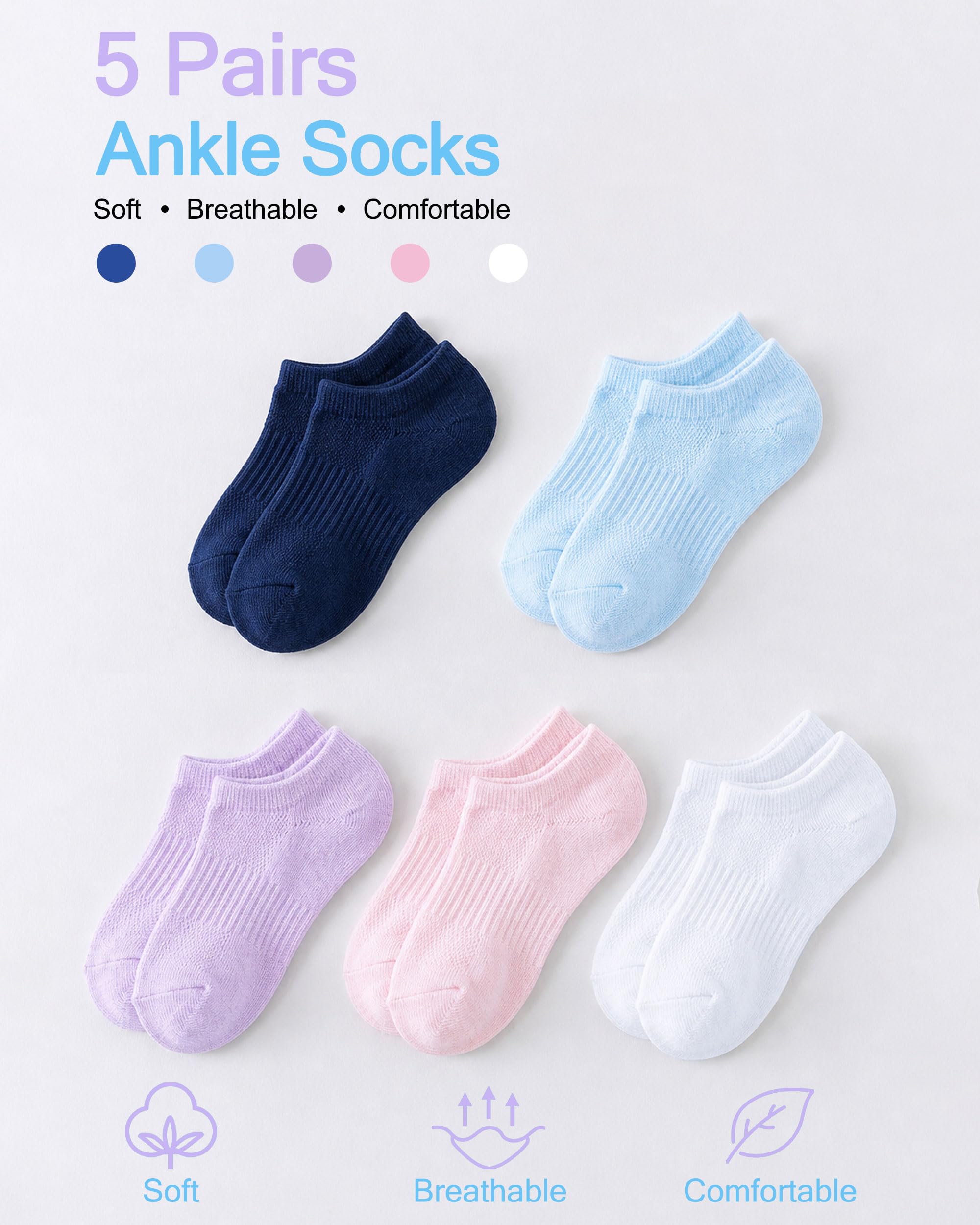 No Show Cotton Socks for Girls and Boys - Low Cut, Breathable, Non-Slip Short Socks for Kids - 5/10 Pairs
