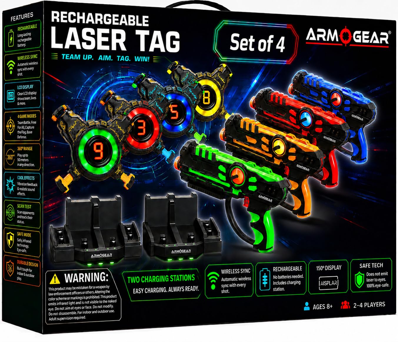 ArmoGear Set of 4 Laser Tag Guns with Vests - Laser Tag Set for Kids and Adults - Toy Guns with 150 ft Range, Night Vision, Invisibility Mode - Battery Operated - Multiplayer Outdoor Game for Ages 8+