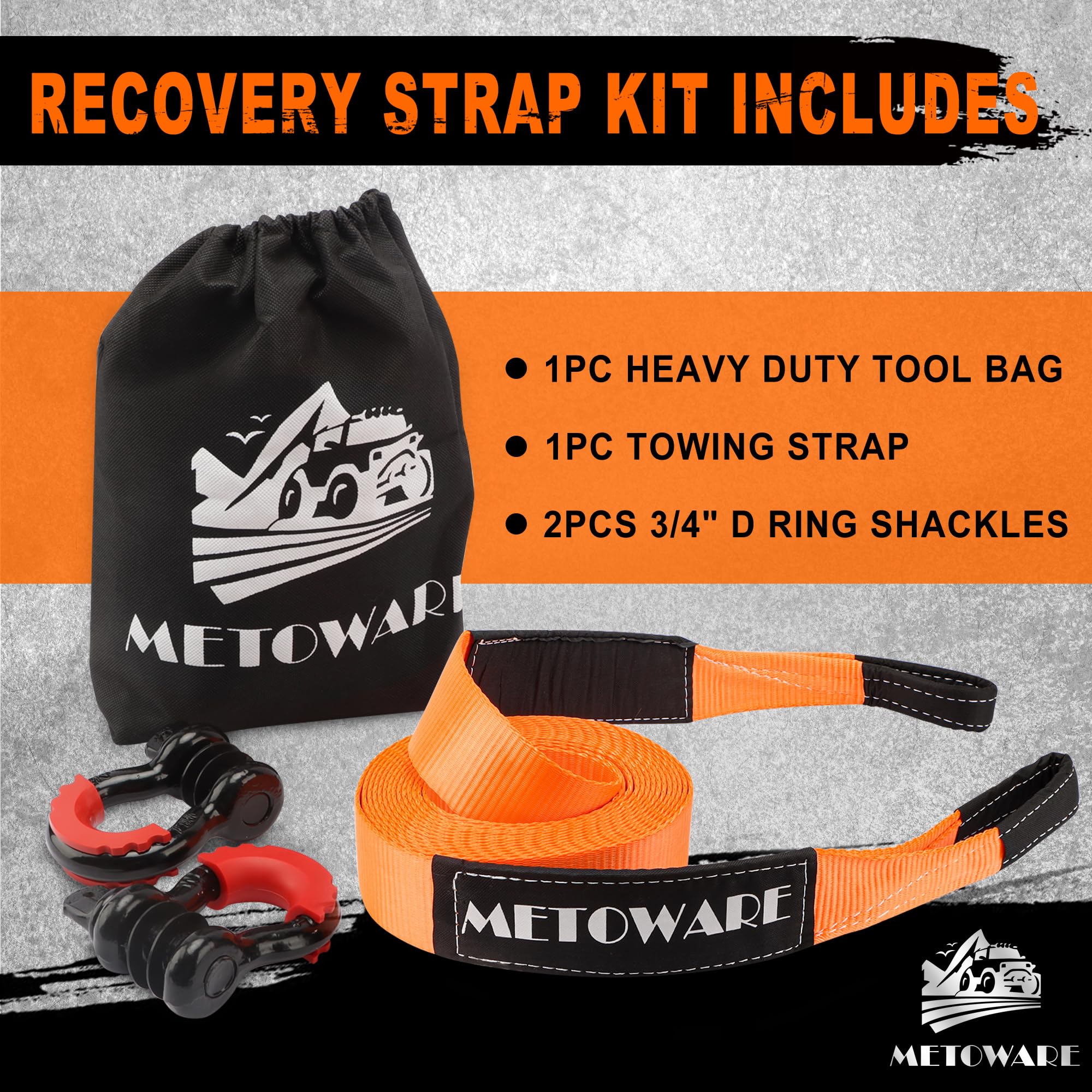 METOWARE Recovery Tow Strap Kit 3" x 20ft, Heavy Duty Recovery Strap 35,000lbs Break Strength with 3/4" D Ring Shackles(2pcs) & Storage Bag, Emergency Off Road Towing Rope for SUV, UTV, ATV, Truck