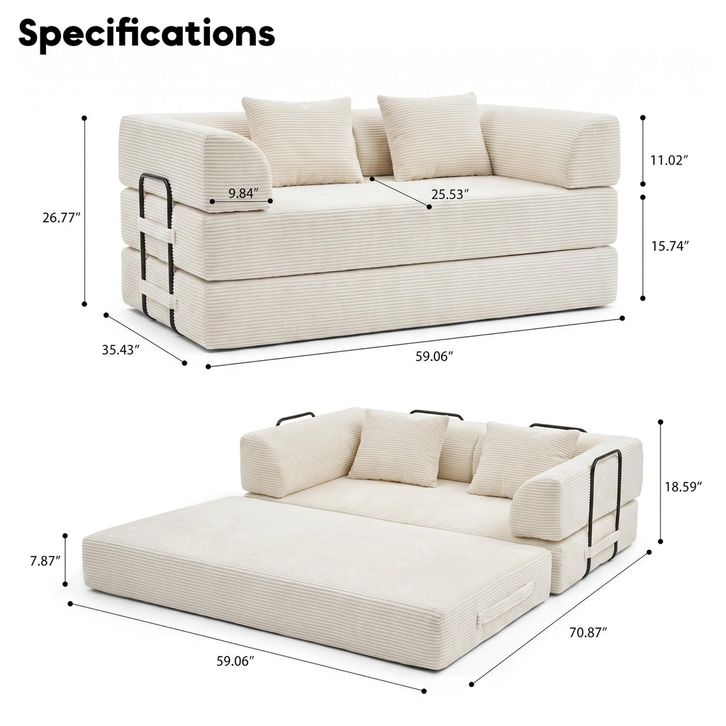 ZEIINPA 59“ Convertible Floor Sofa Bed, 5-in-1 Futon Sofa Bed Pull Out Sleeper Couch, Modern Corduroy Compressed Loveseat, Modular Boneless Couches for Living Room, No Assembly Required, Beige