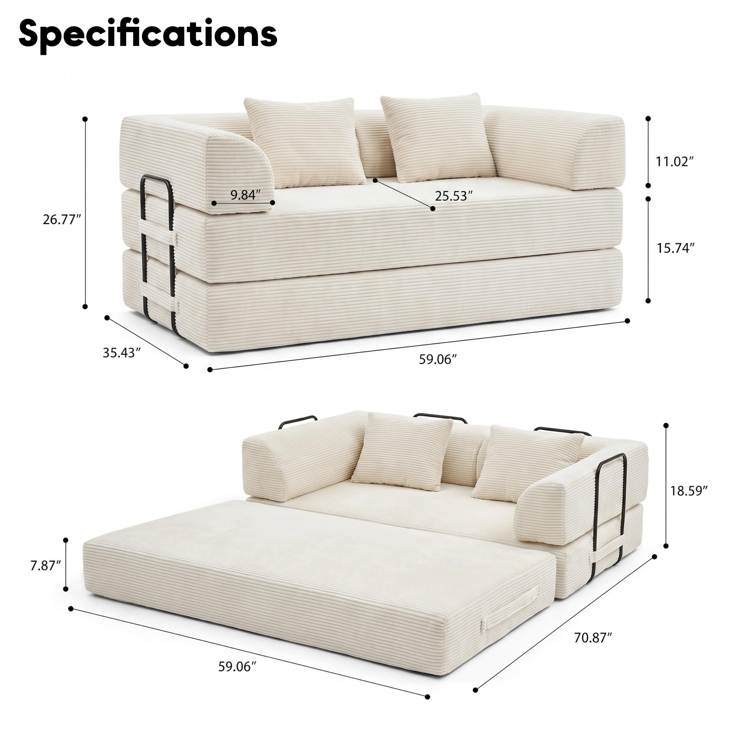 ZEIINPA 59“ Convertible Floor Sofa Bed, 5-in-1 Futon Sofa Bed Pull Out Sleeper Couch, Modern Corduroy Compressed Loveseat, Modular Boneless Couches for Living Room, No Assembly Required, Beige